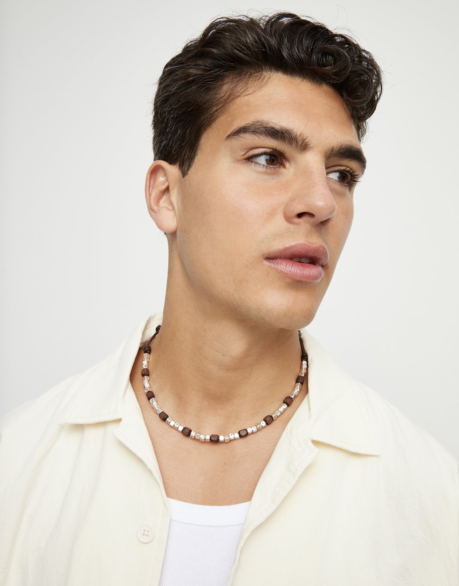 Leather necklace with silver and wooden beads, Silver, large thumbnail