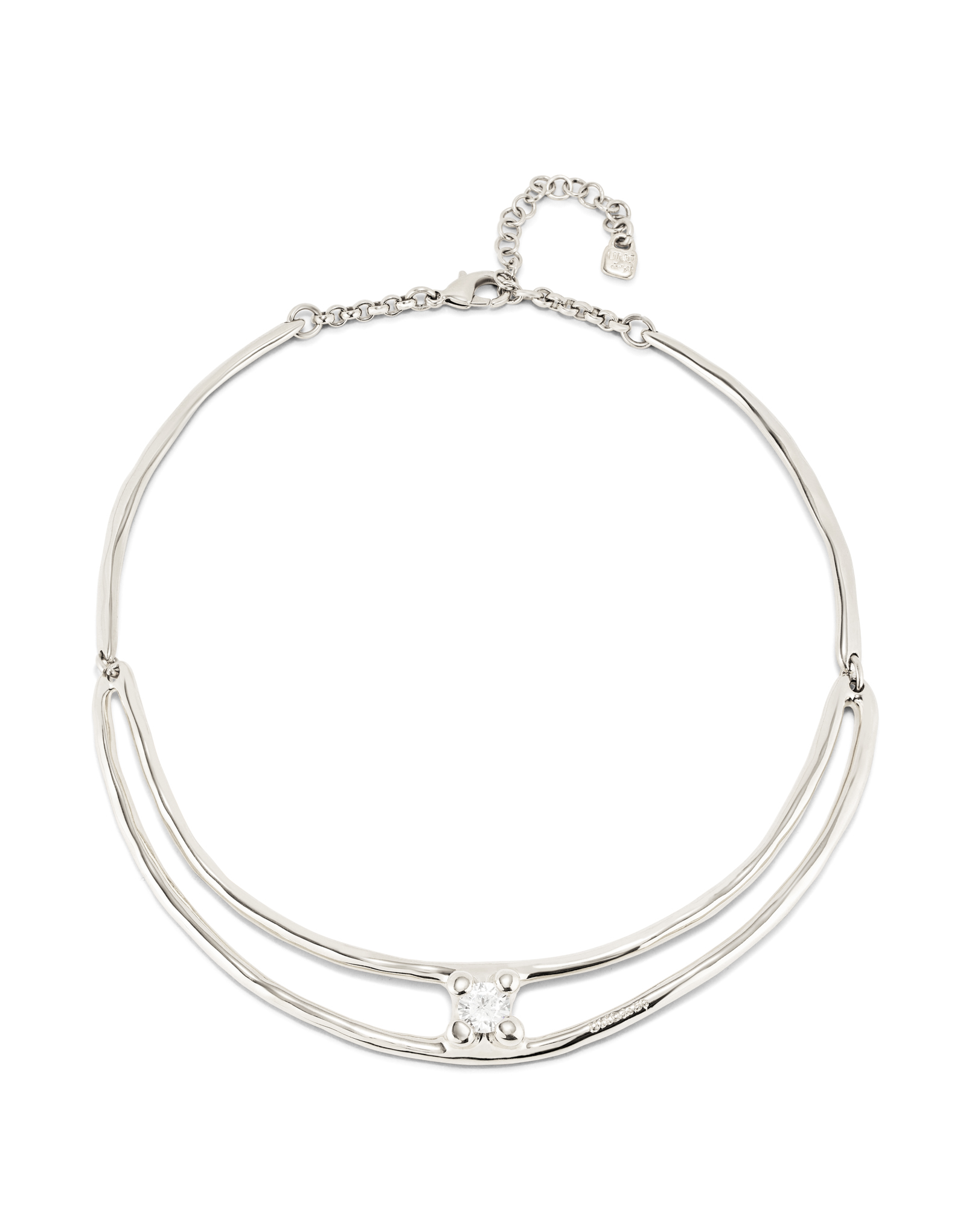 Sterling silver-plated double rigid necklace with white cubic zirconia, Silver, large image number null