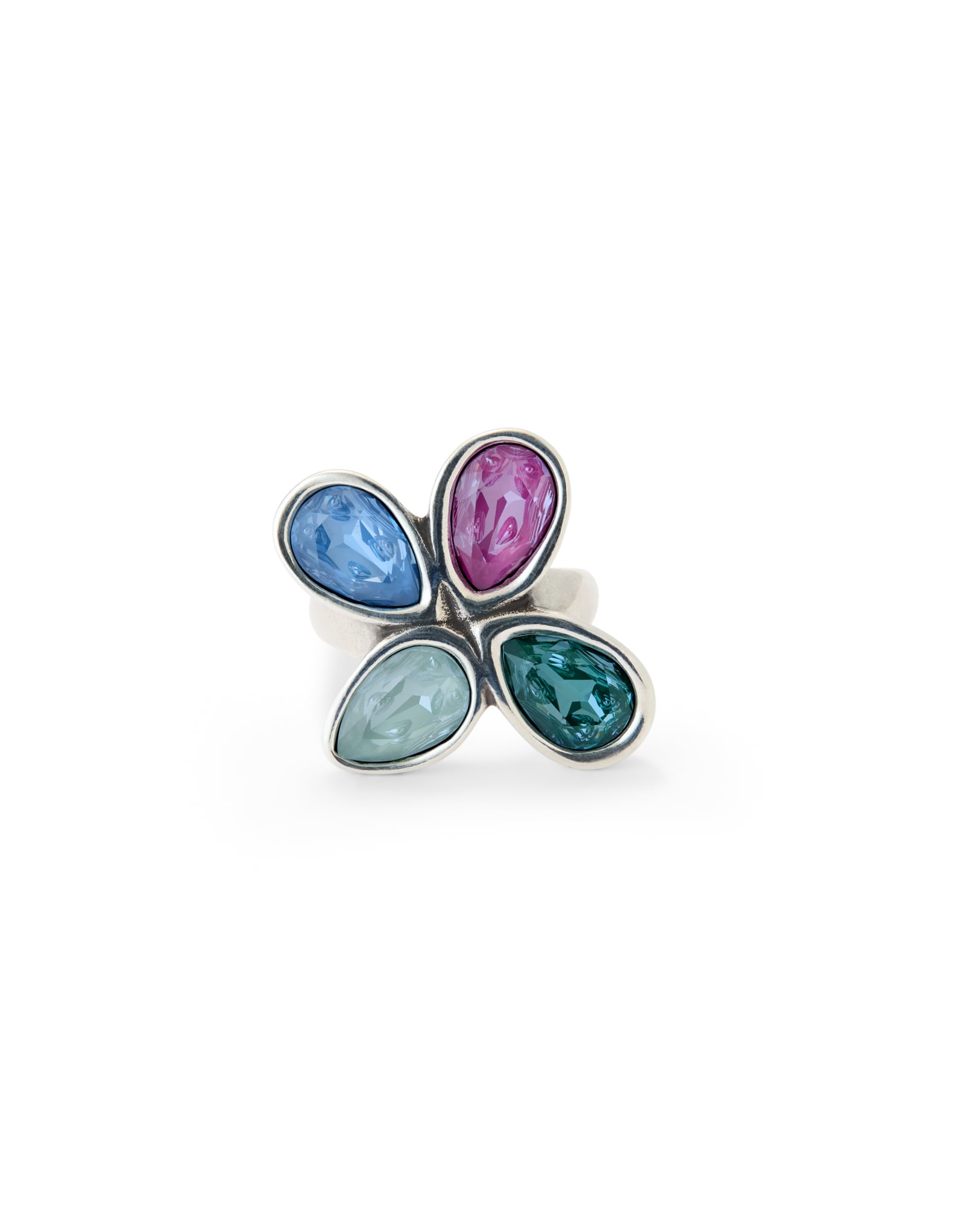 Ring with four multicoloured drop-shaped faceted crystals