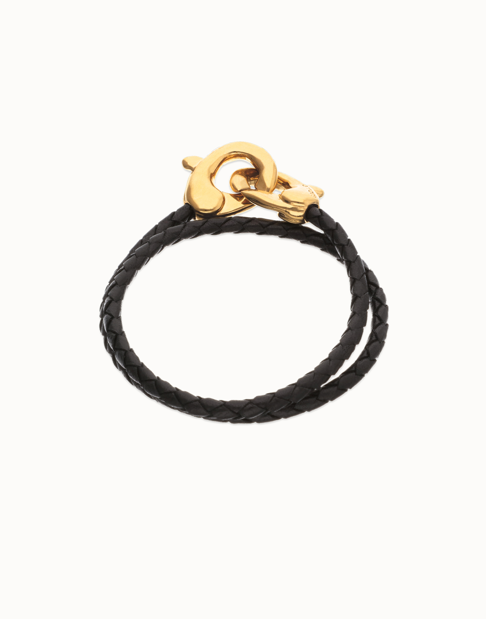 Double black leather bracelet with interlocking carabiner, Golden, large thumbnail