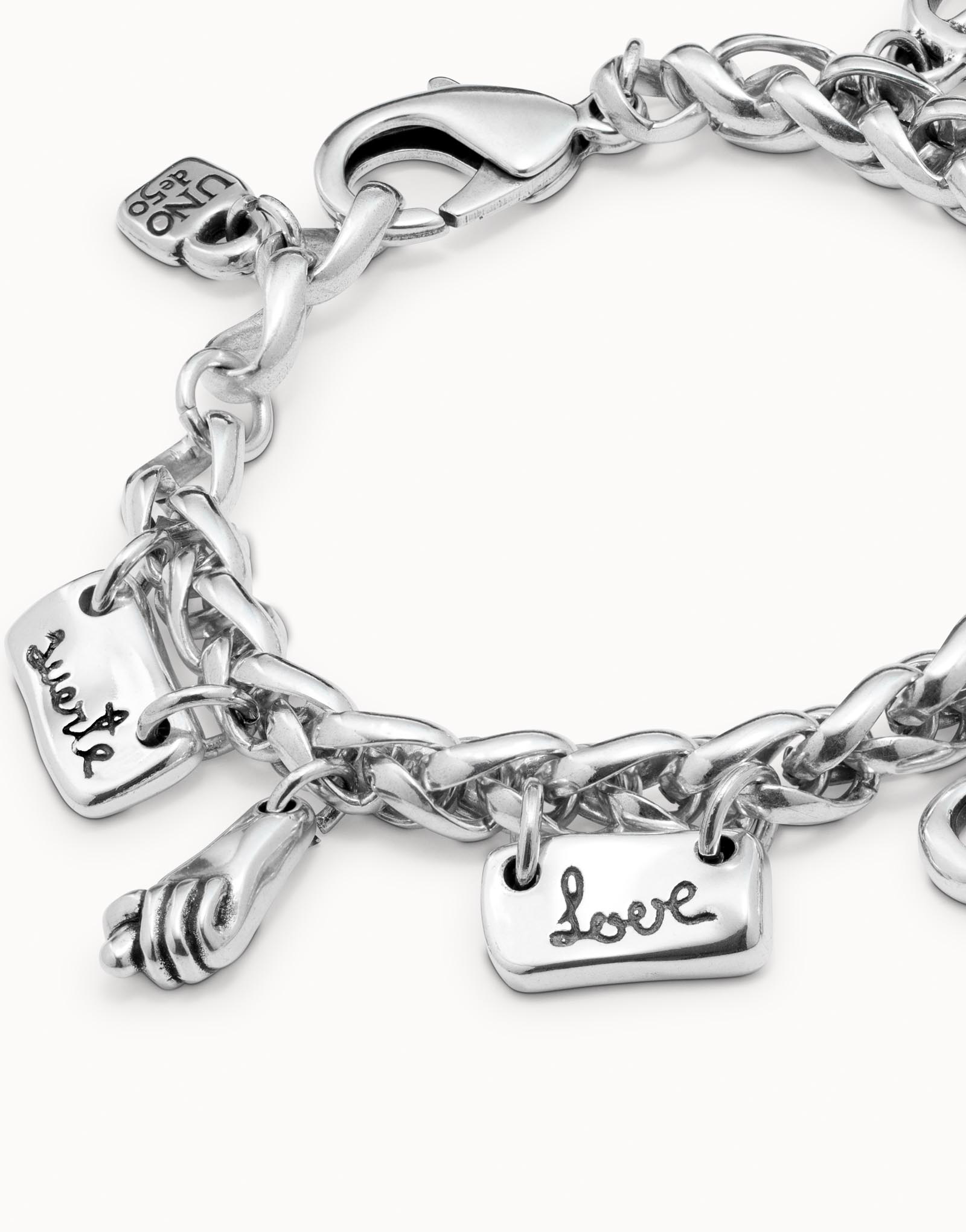 Sterling silver-plated bracelet with thick chain and several charms, , large image number null
