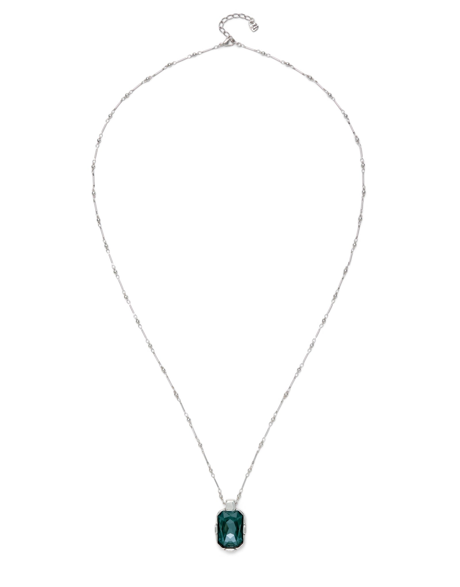 Multi-position necklace with a rectangular green faceted crystal