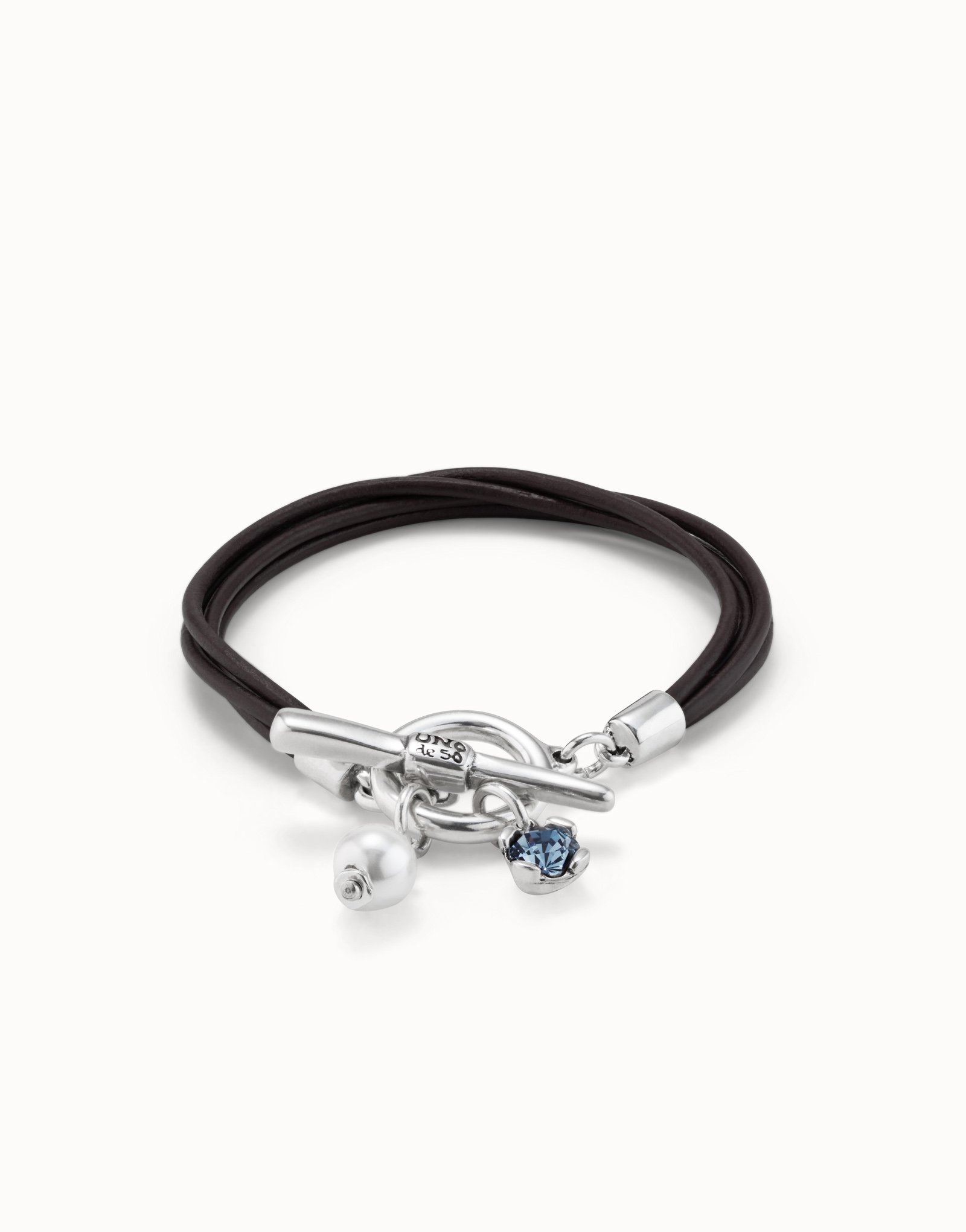 Bracciale di cuoio placcato argento Sterling con charm, cristalli e perla, Argent, large image number null