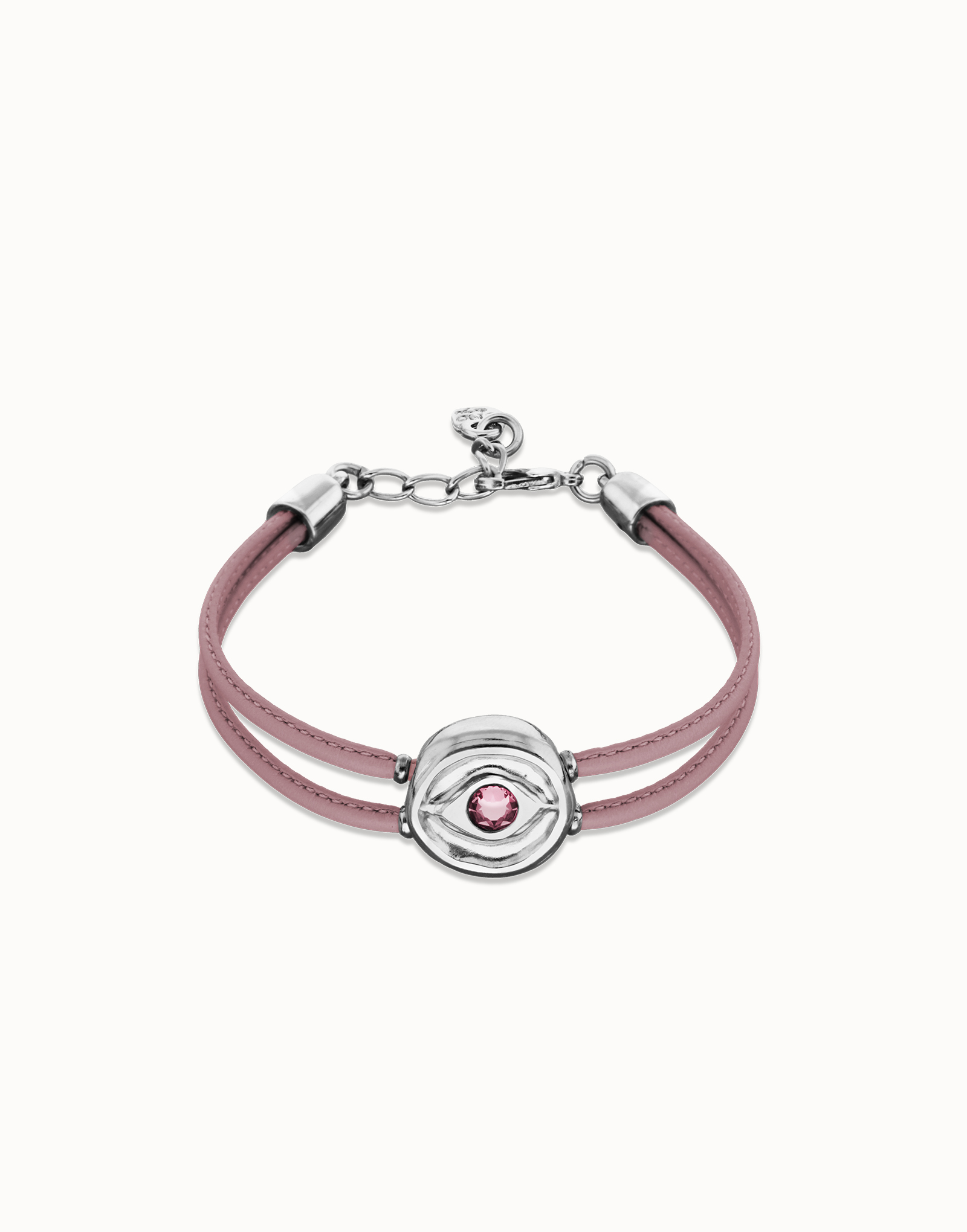 Pulsera doble de cuero lila con ojo bañado en plata de ley, Plateado, large thumbnail