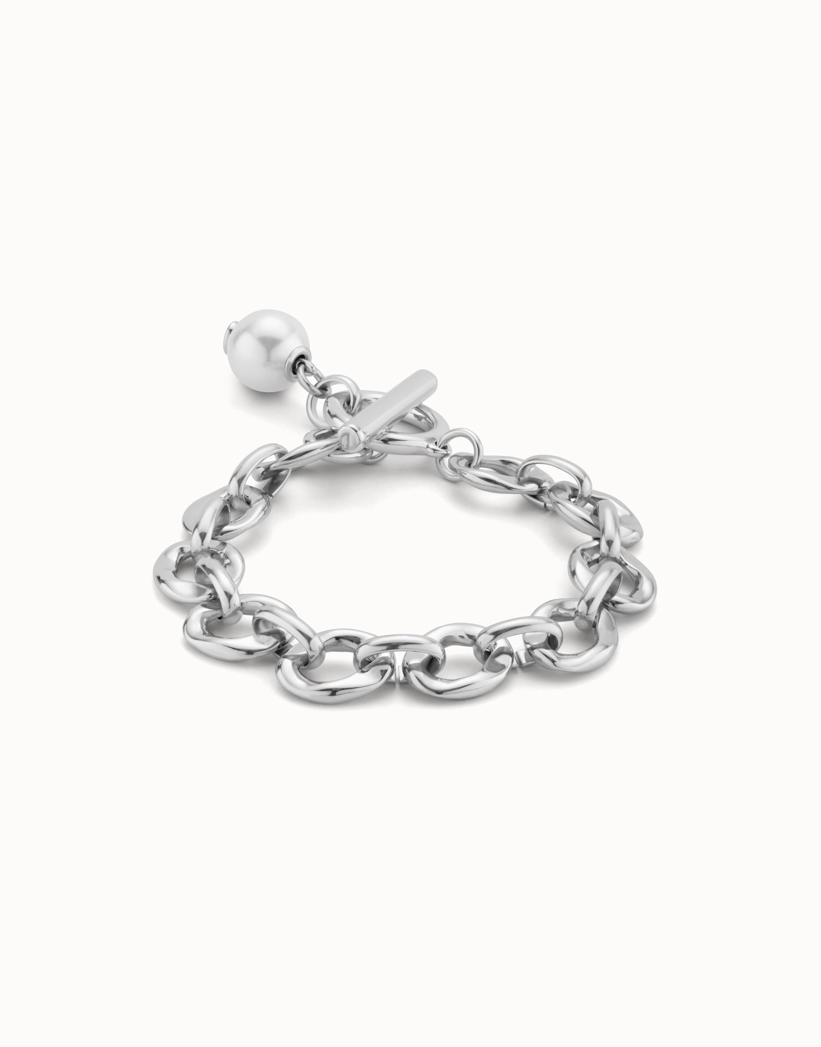 Sterling silver-plated bracelet with links and pearl charm, Silver, large image number null