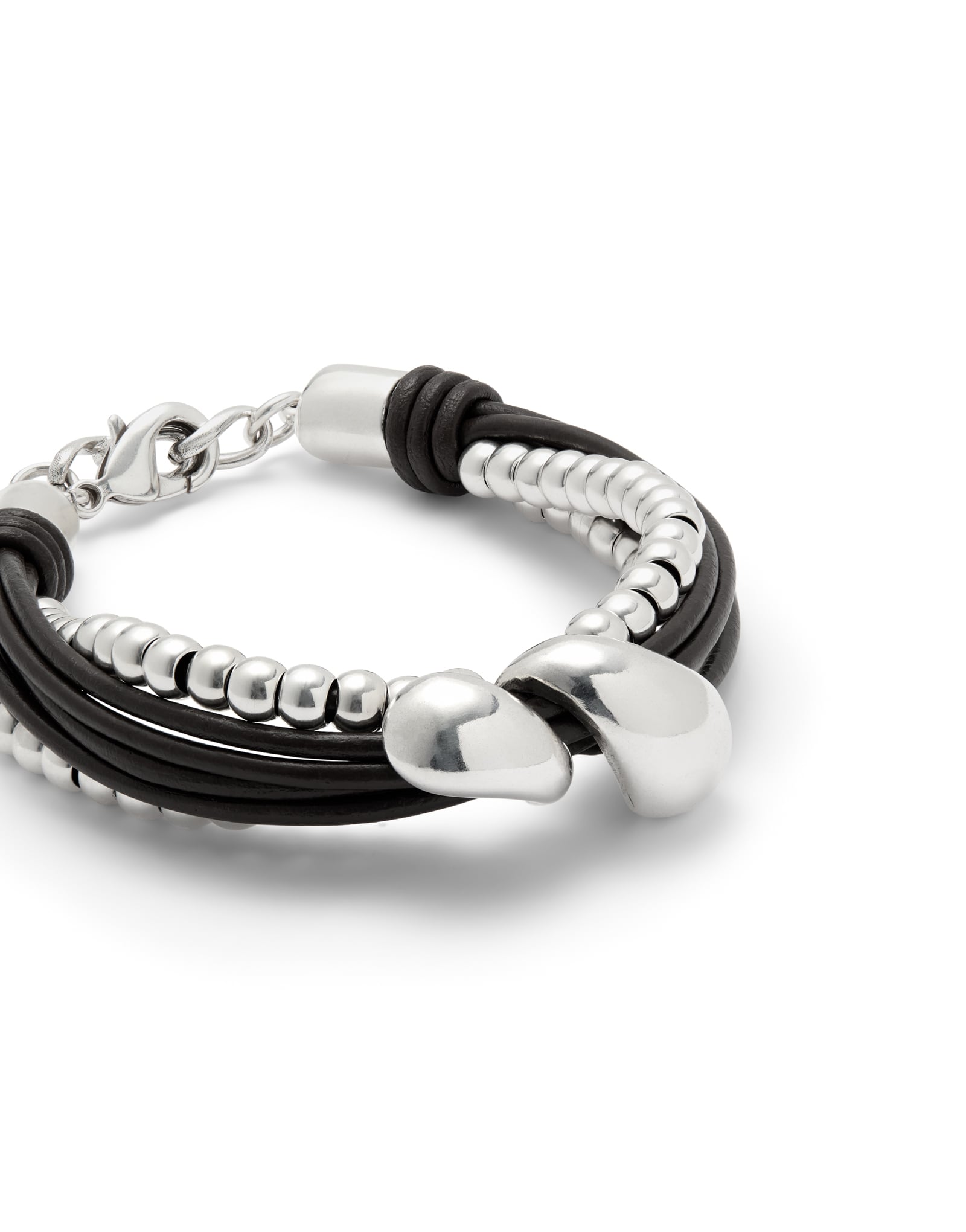 Pulsera combinada en cuero y cuentas ba&ntilde;adas en plata con dos gotas