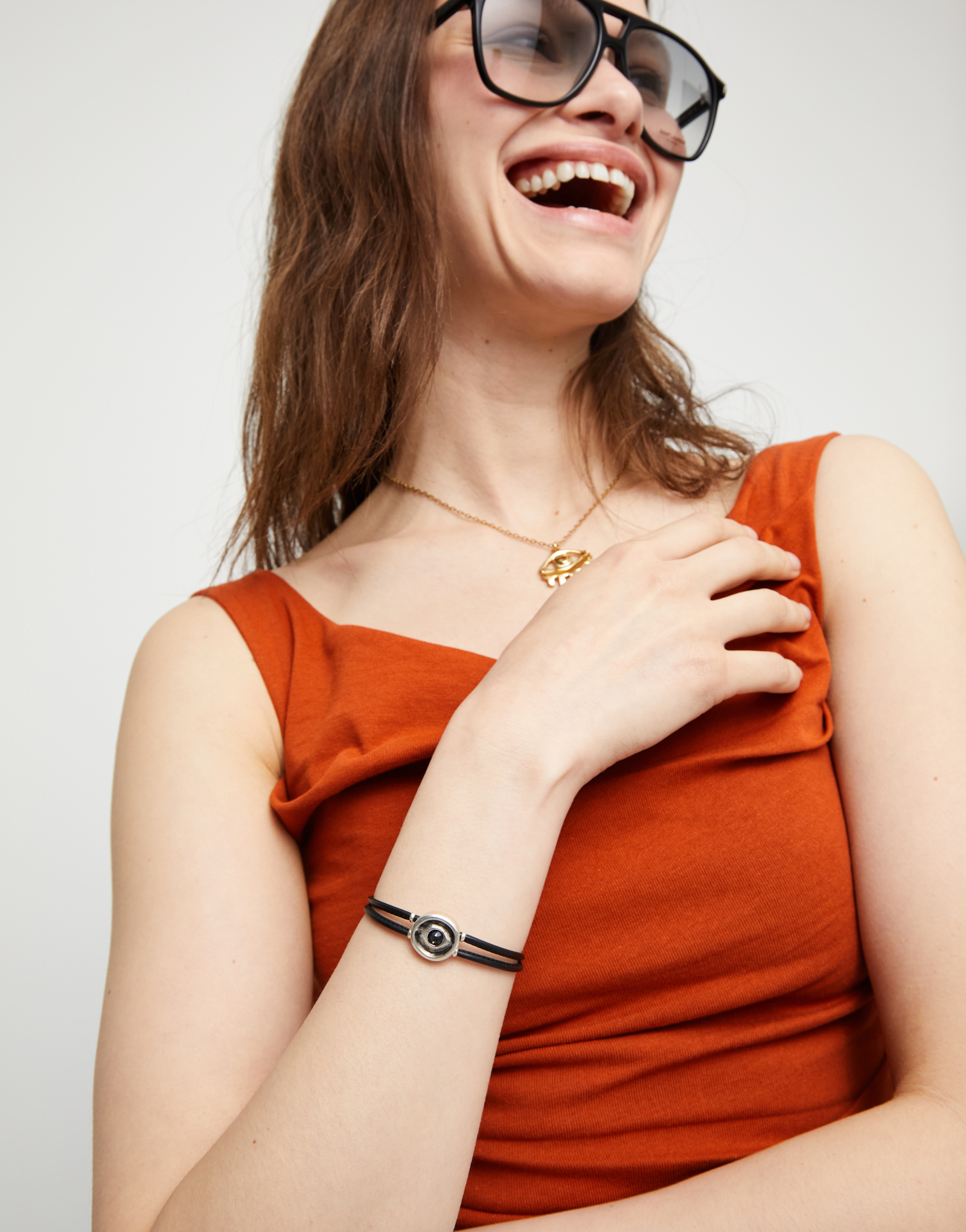 Double black leather birthstone bracelet with eye, Silver, large thumbnail
