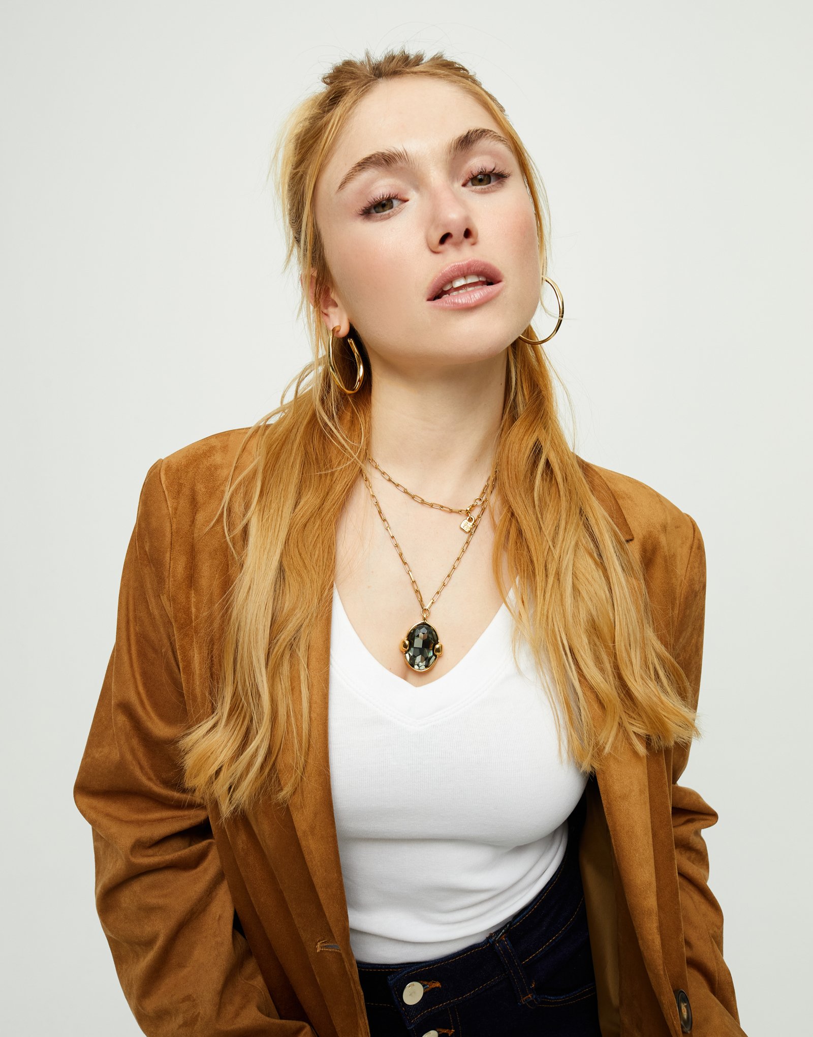 Long necklace with gray oval faceted crystal, Golden, large thumbnail