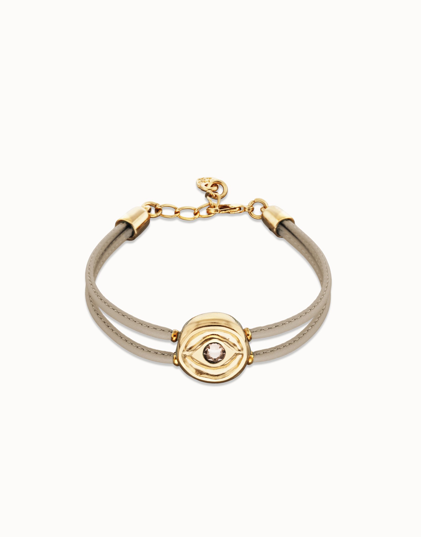 Pulsera doblede cuero marfil con ojo bañado en oro 18k, Dorado, large thumbnail
