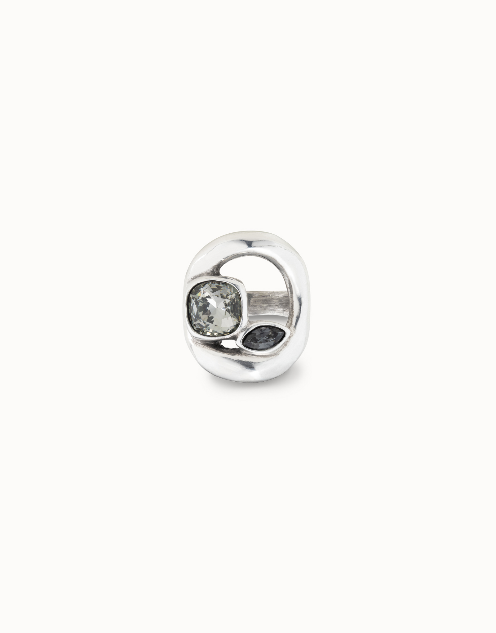 Anello placcato argento Sterling con ovale centrale e due cristalli colore grigio scuro, , large image number null