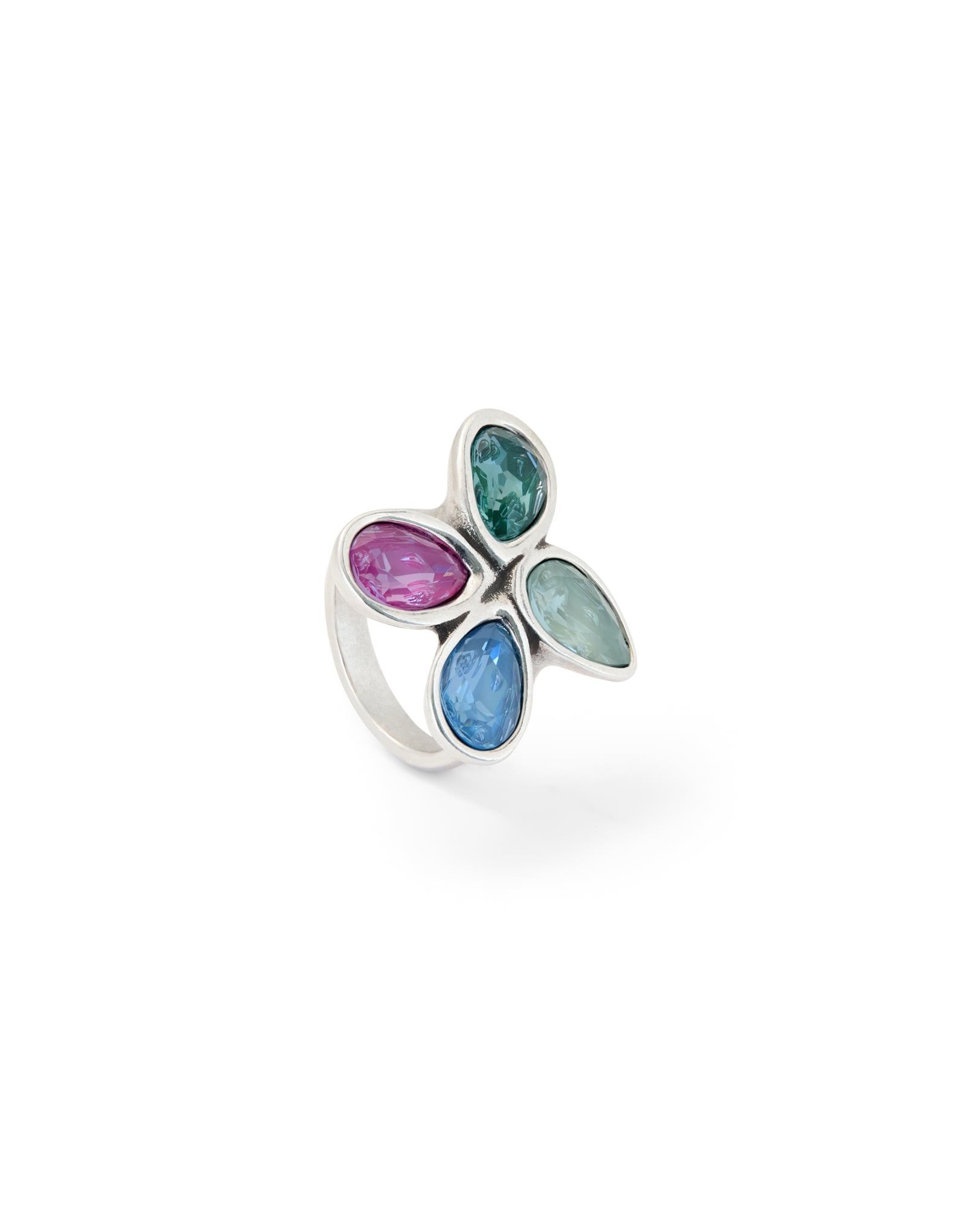 Ring with four multicoloured drop-shaped faceted crystals