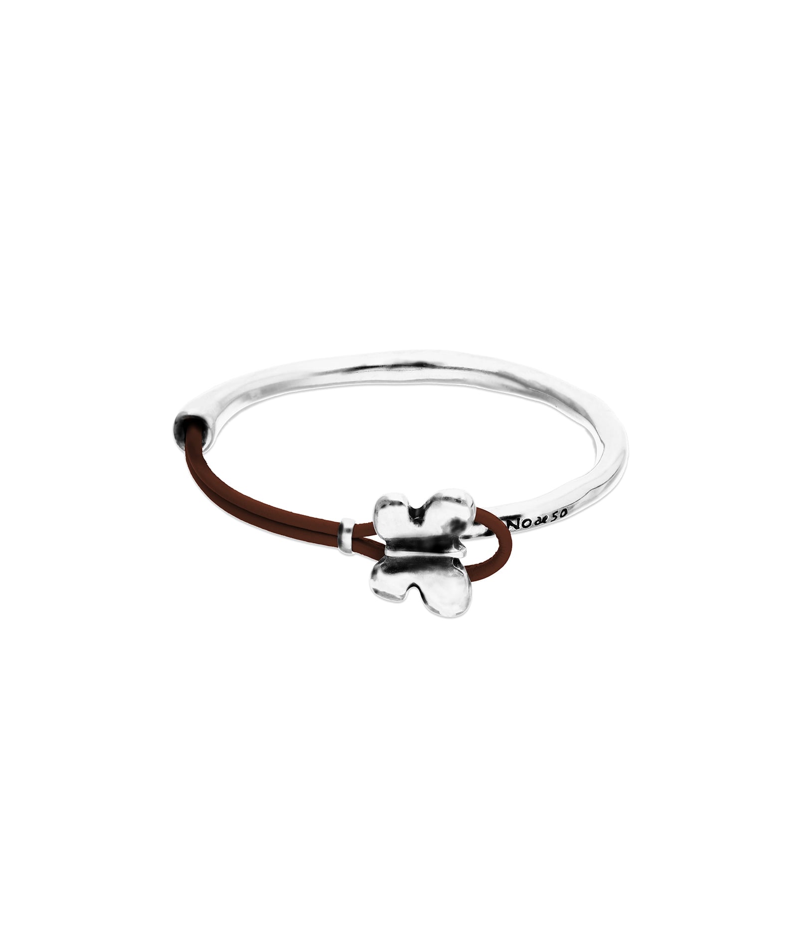 Pulsera combinada en cuero marr&oacute;n y plata de ley con adorno de mariposa