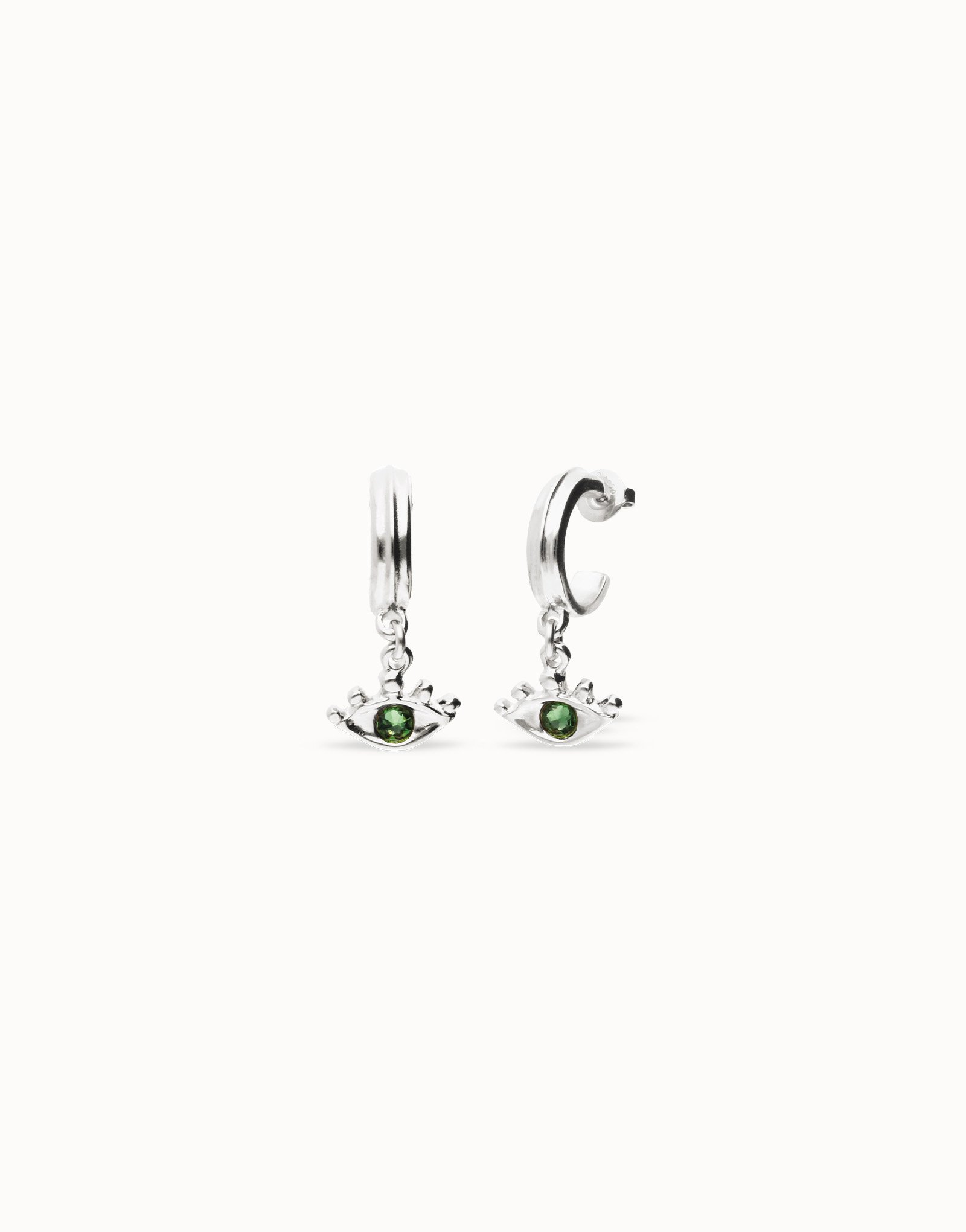 Pendientes de aro bañados en plata de ley con forma ojo y cristal facetado verde, Plateado, large thumbnail