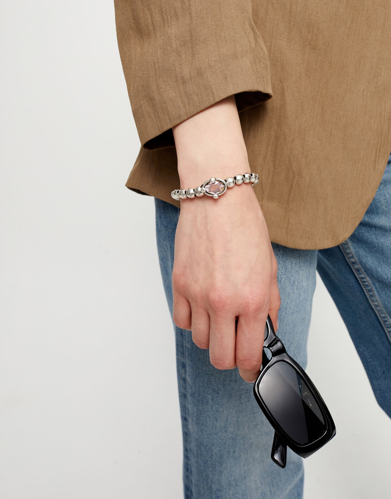 Pulsera de bolas bañada en plata con cristal facetado ovalado rosa, Plateado, large thumbnail