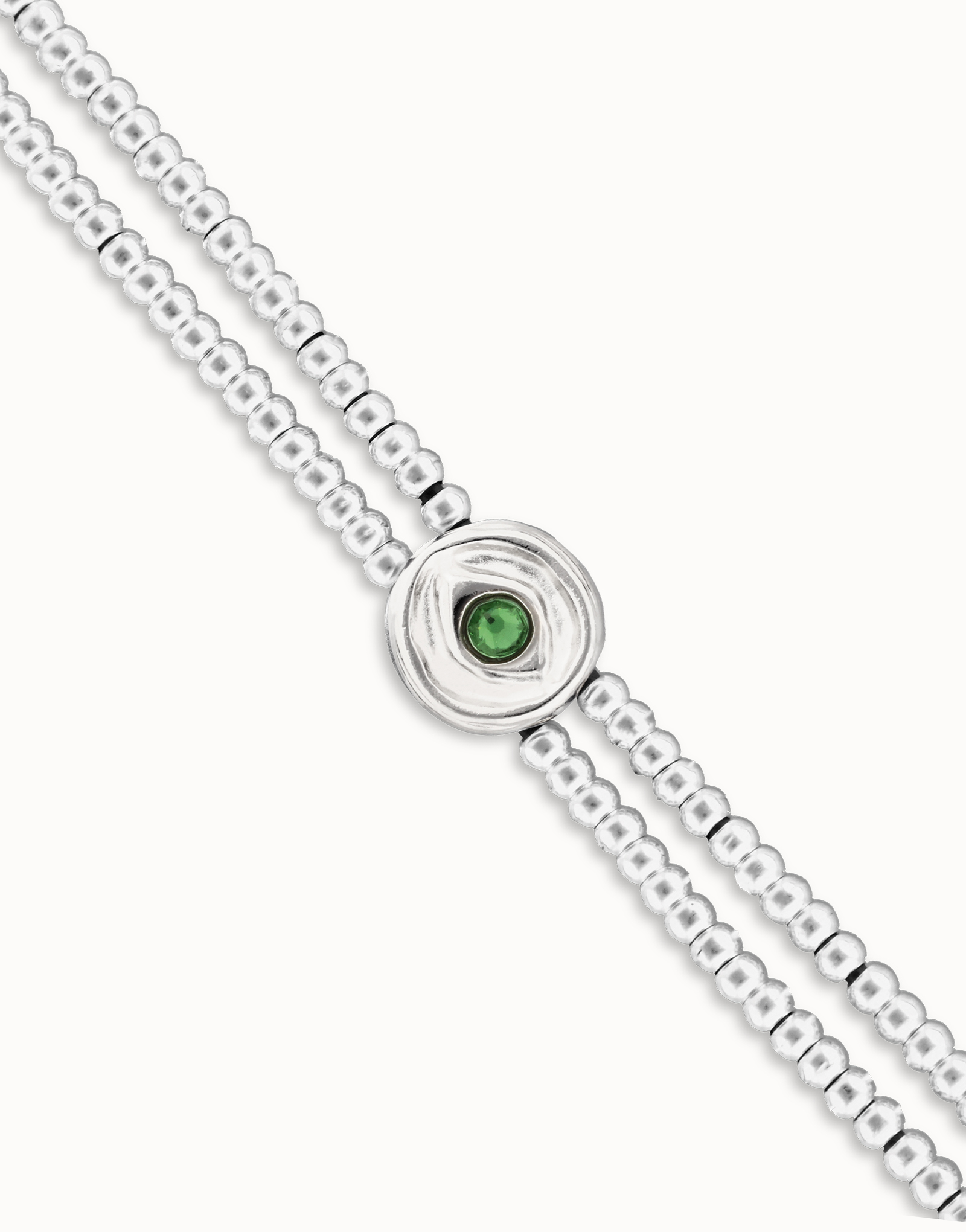 Pulsera de bolas doble bañada en plata de ley con detalle de ojo y cristal verde, Plateado, large thumbnail