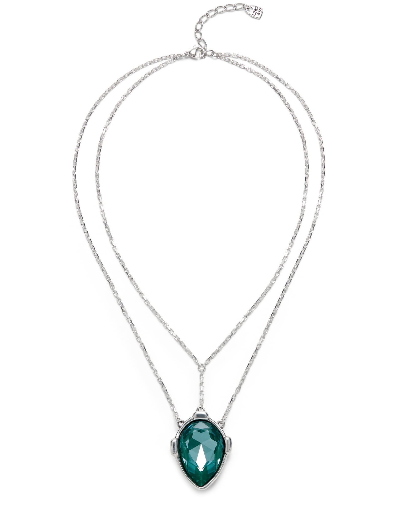 Collier double plaqu&eacute; argent avec pendentif central en cristal facett&eacute; vert en forme de goutte