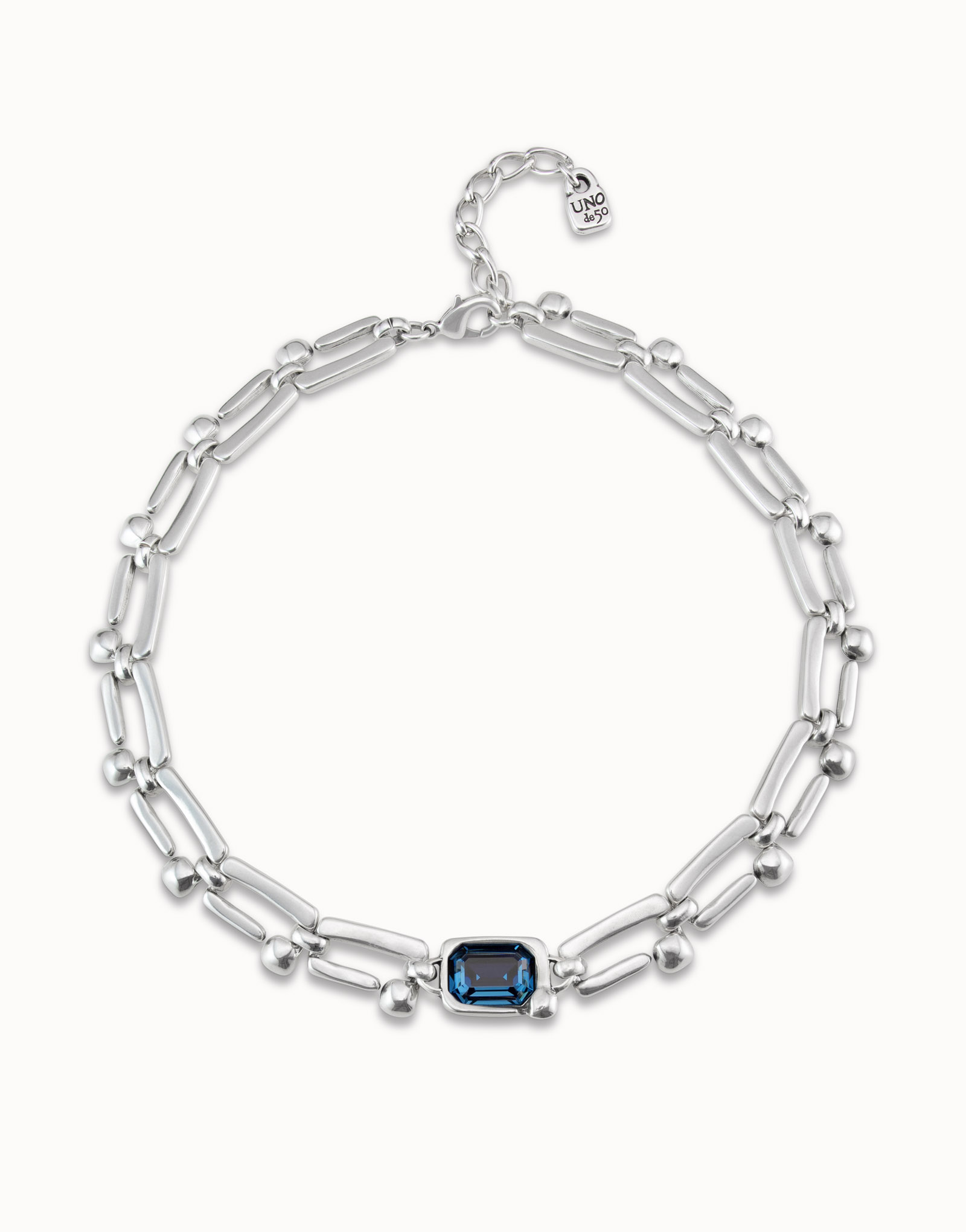 Collar corto bañado en plata de ley con eslabones rectangulares con forma de clavo y cristal azul, Plateado, large image number null