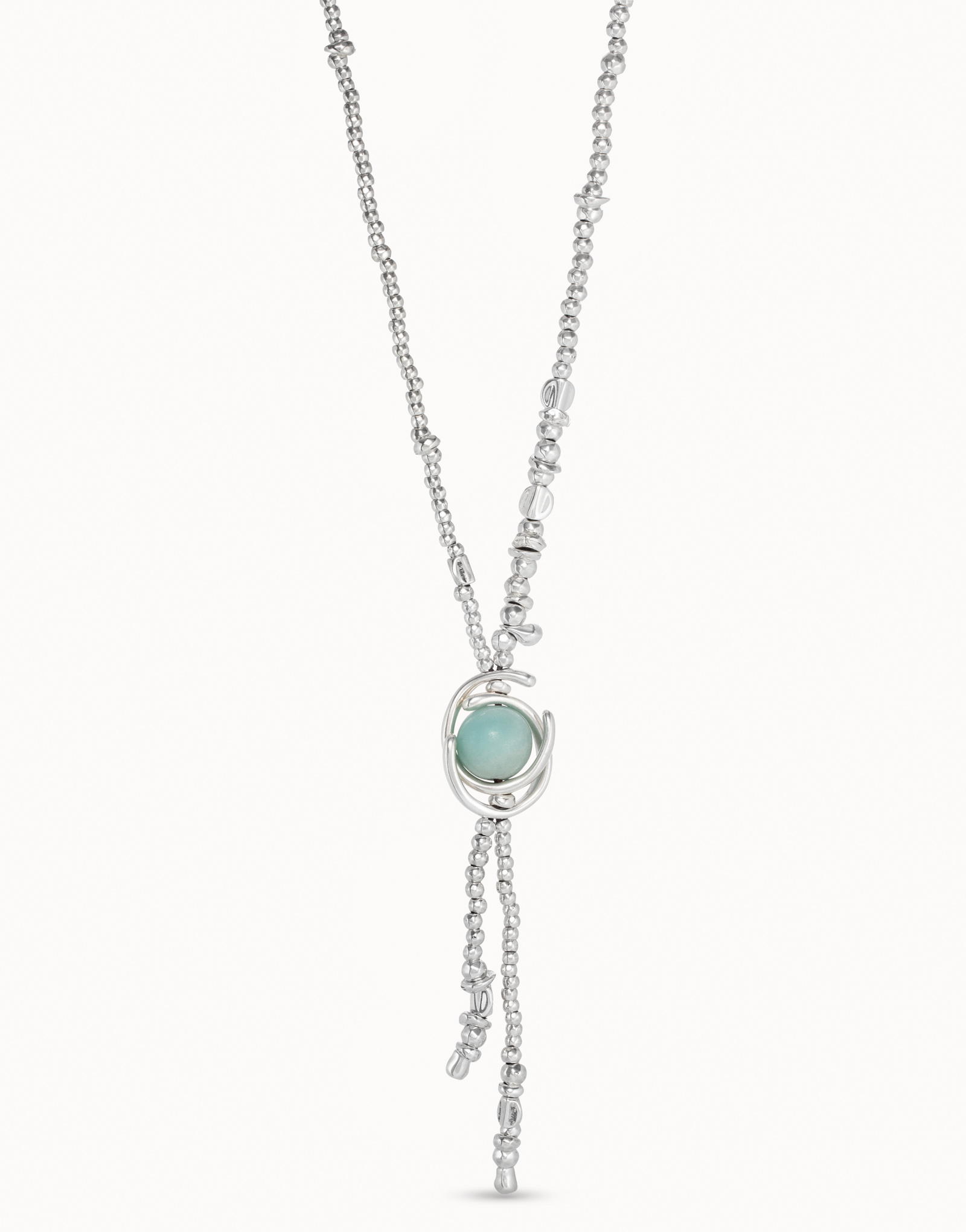 Sterling silver-plated whip necklace with double moon bead and amazonite bead, Silver, large image number null