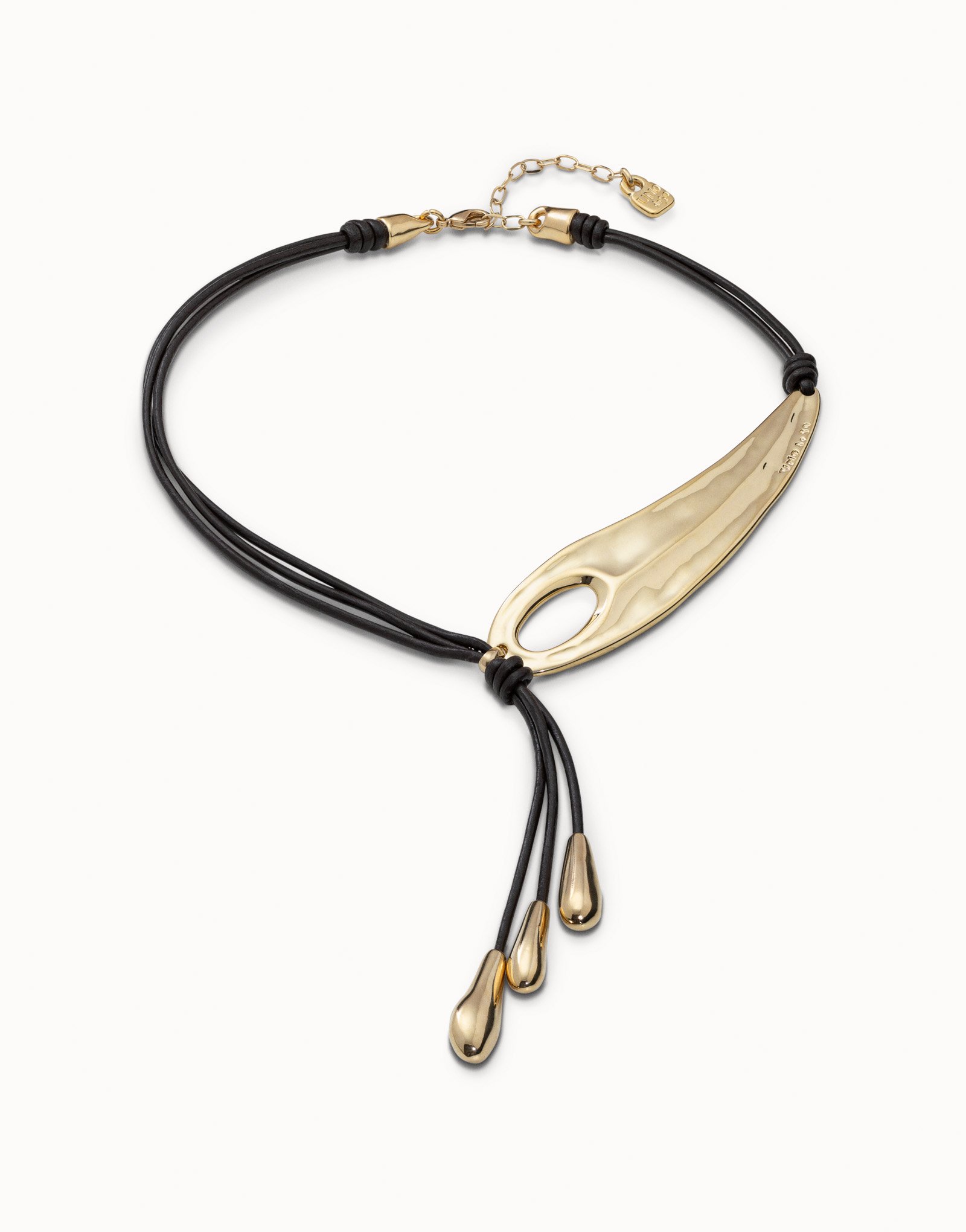 18K gold-plated long leather whip necklace with 2 tubules and 4 fringes with drops, Golden, large image number null