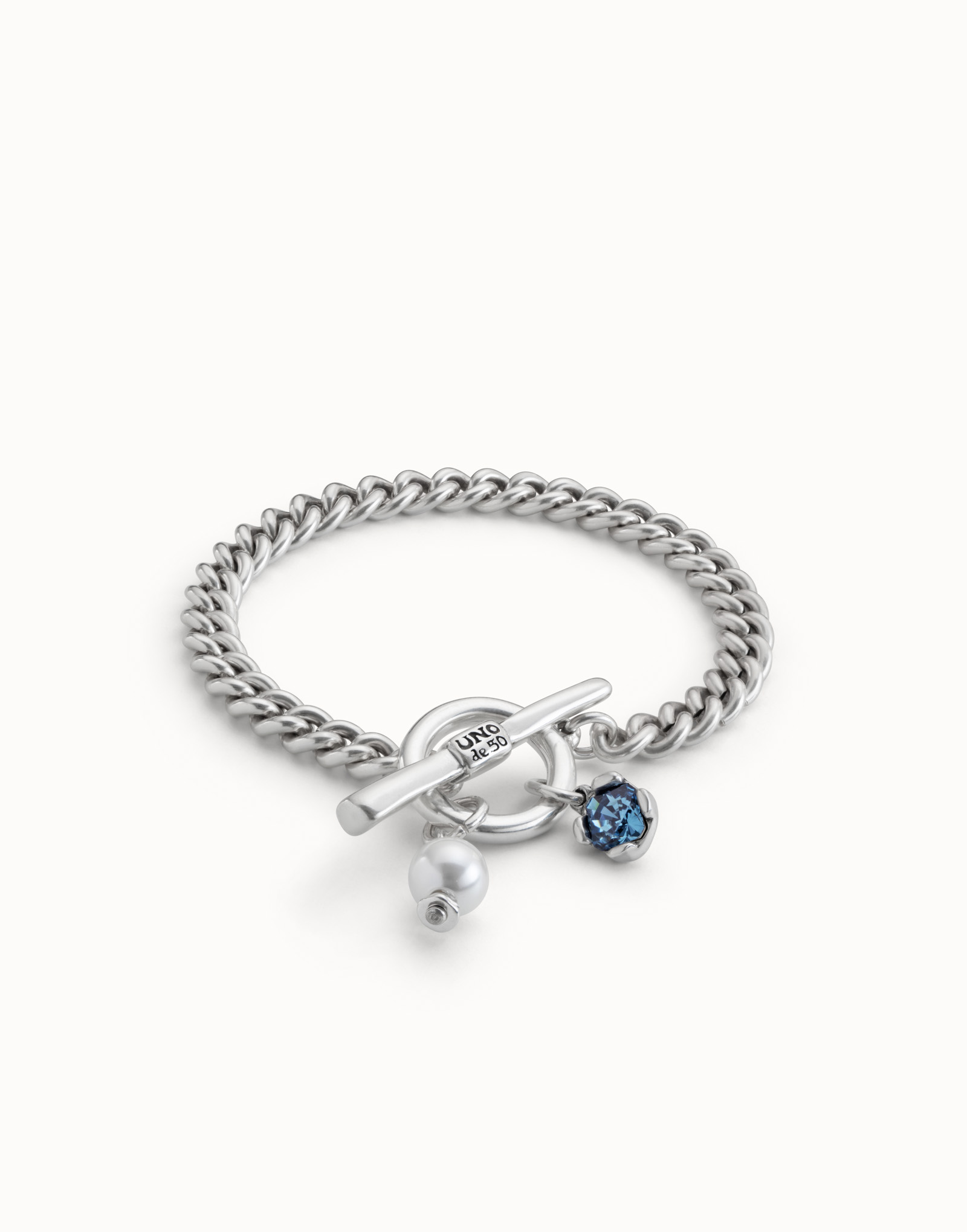Pulsera bañada en plata de ley con perla y cristal azul., Argent, large image number null