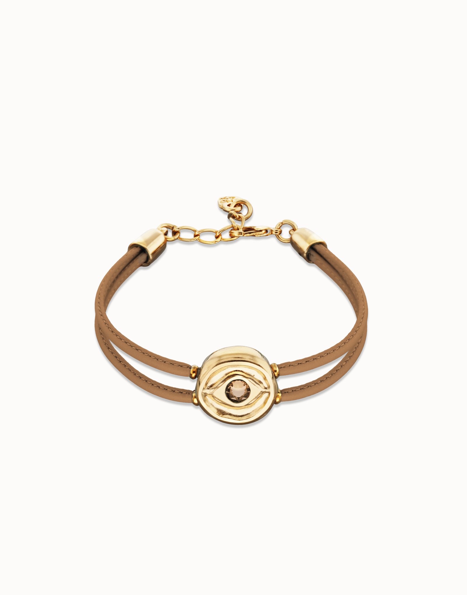 Pulsera doble de cuero crema con ojo bañado en oro 18k, Dorado, large thumbnail