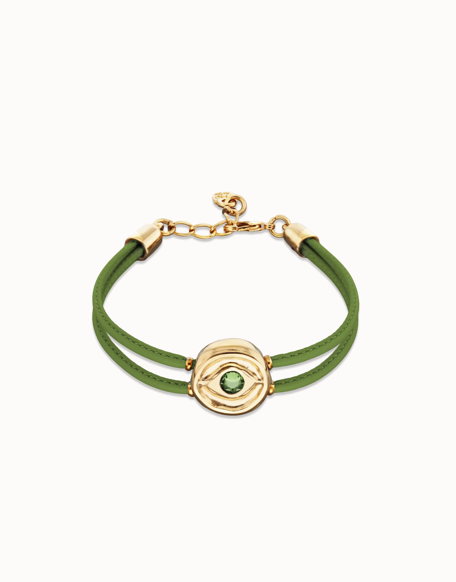 Pulsera doble de cuero verde con ojo bañado en oro 18k, Dorado, large thumbnail