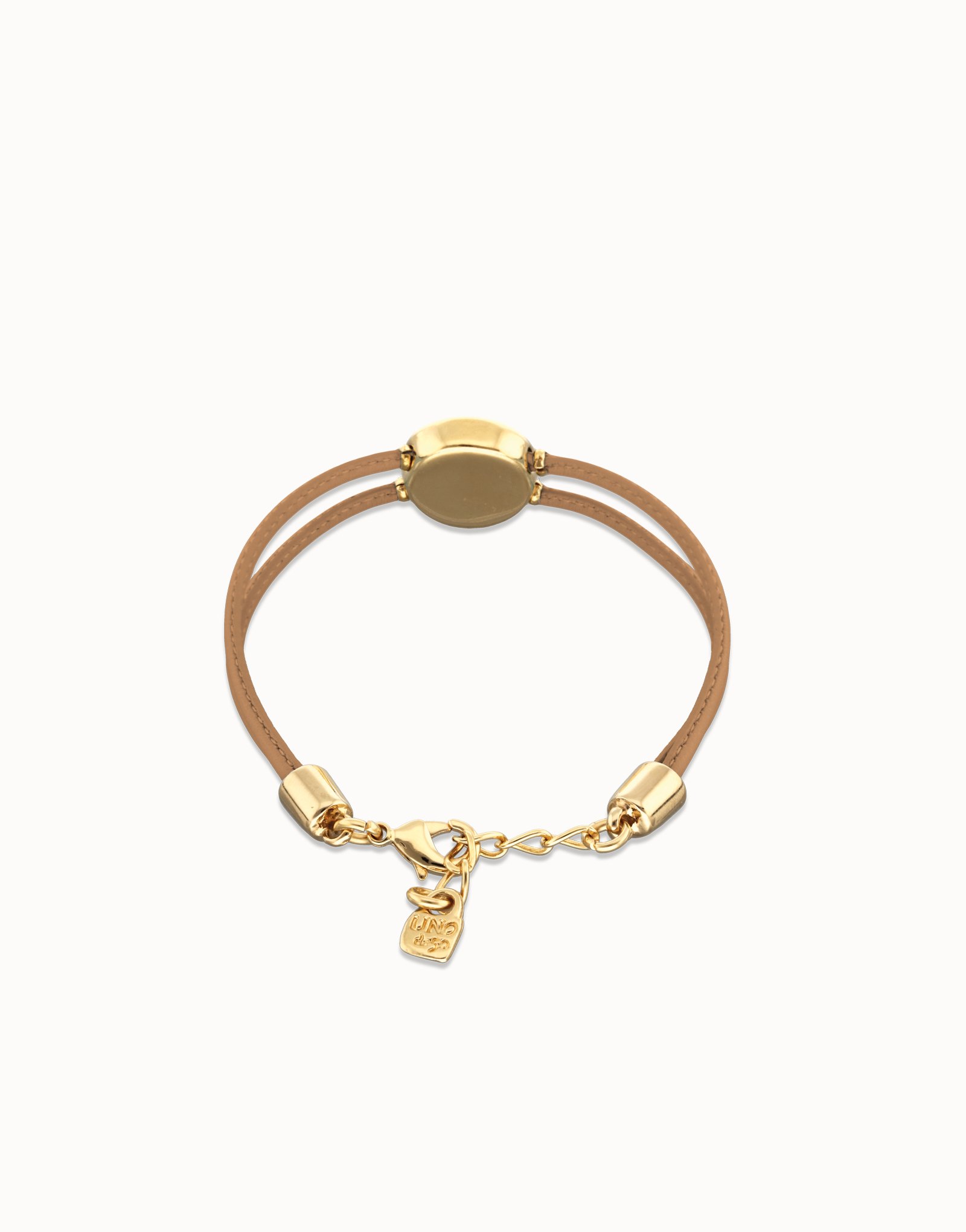 Pulsera doble de cuero crema con ojo bañado en oro 18k, Dorado, large thumbnail