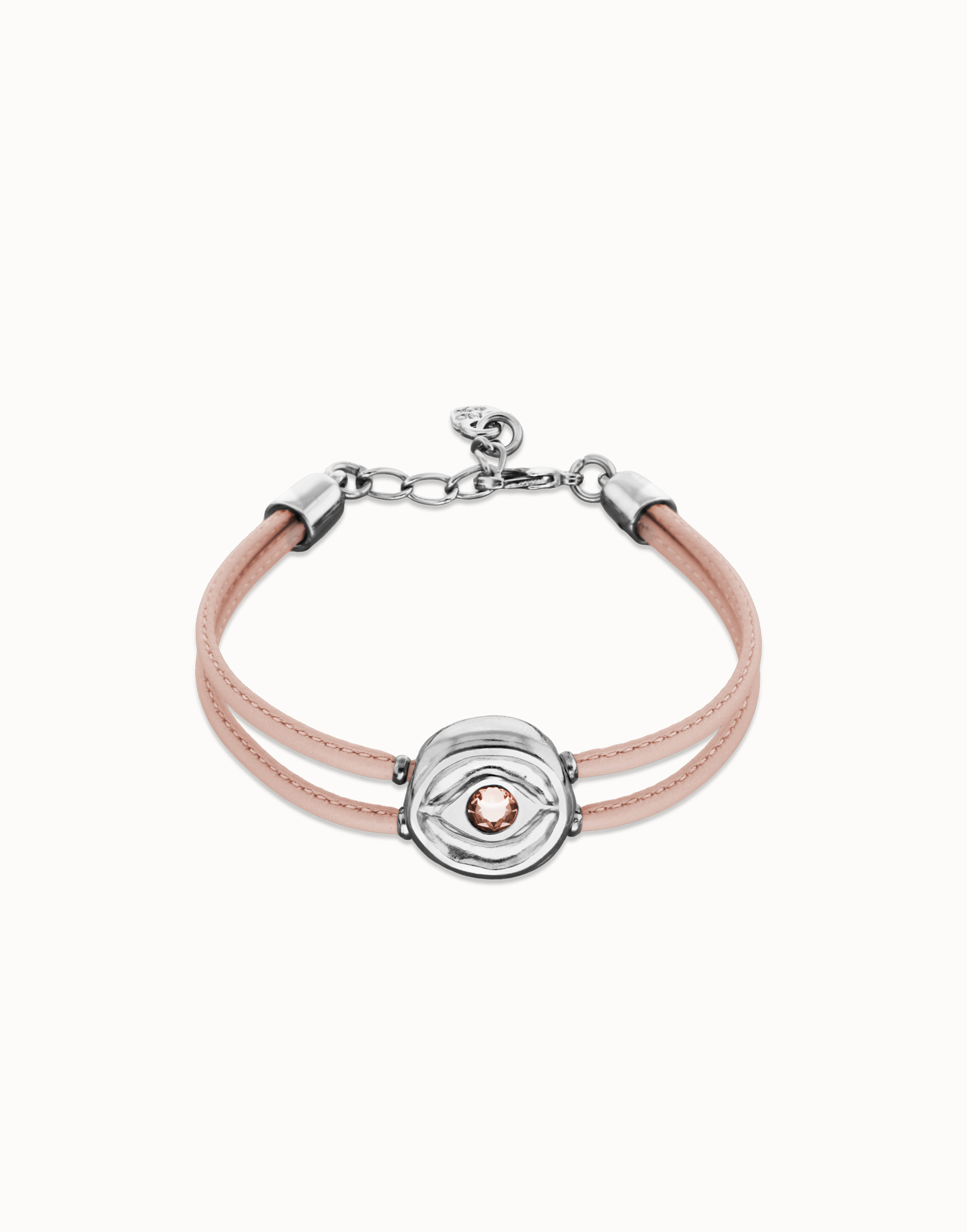 Pulsera doble de cuero rosa con ojo bañado en plata de ley, Plateado, large thumbnail