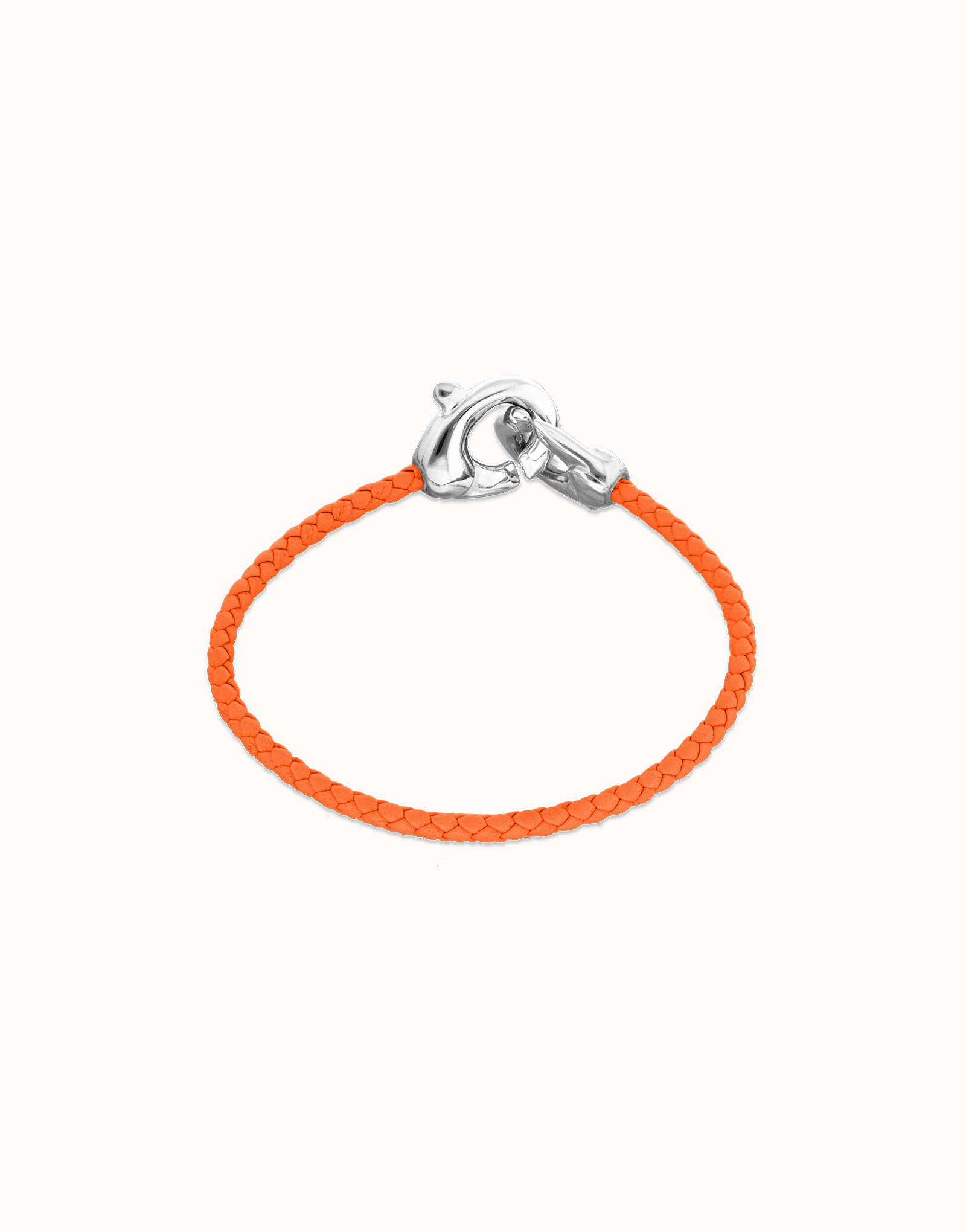 Pulsera de cuero naranja con mosquetón entrelazado en plata, Plateado, large thumbnail
