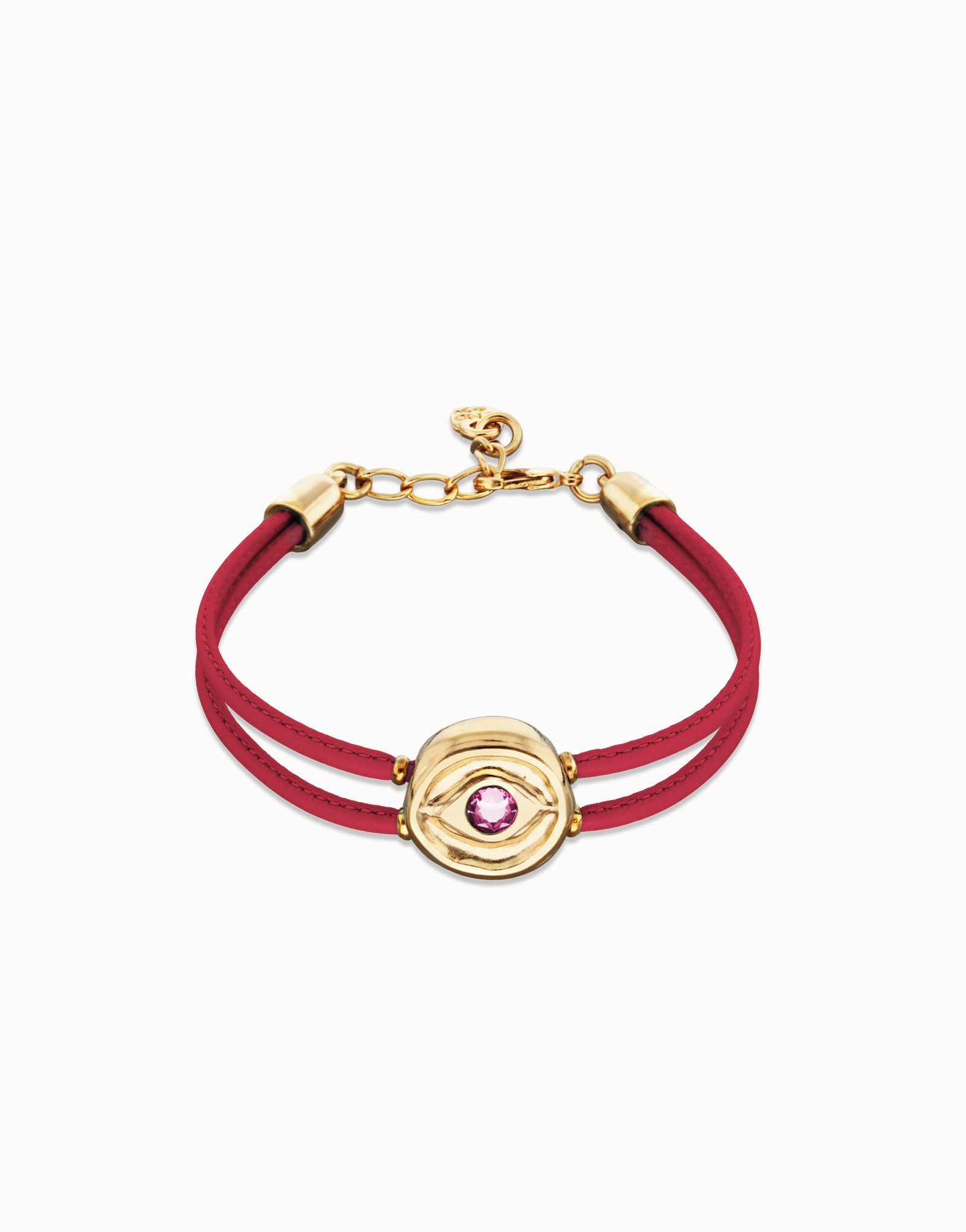 Pulsera doble de cuero fucsia con ojo bañado en oro 18k, Dorado, large thumbnail