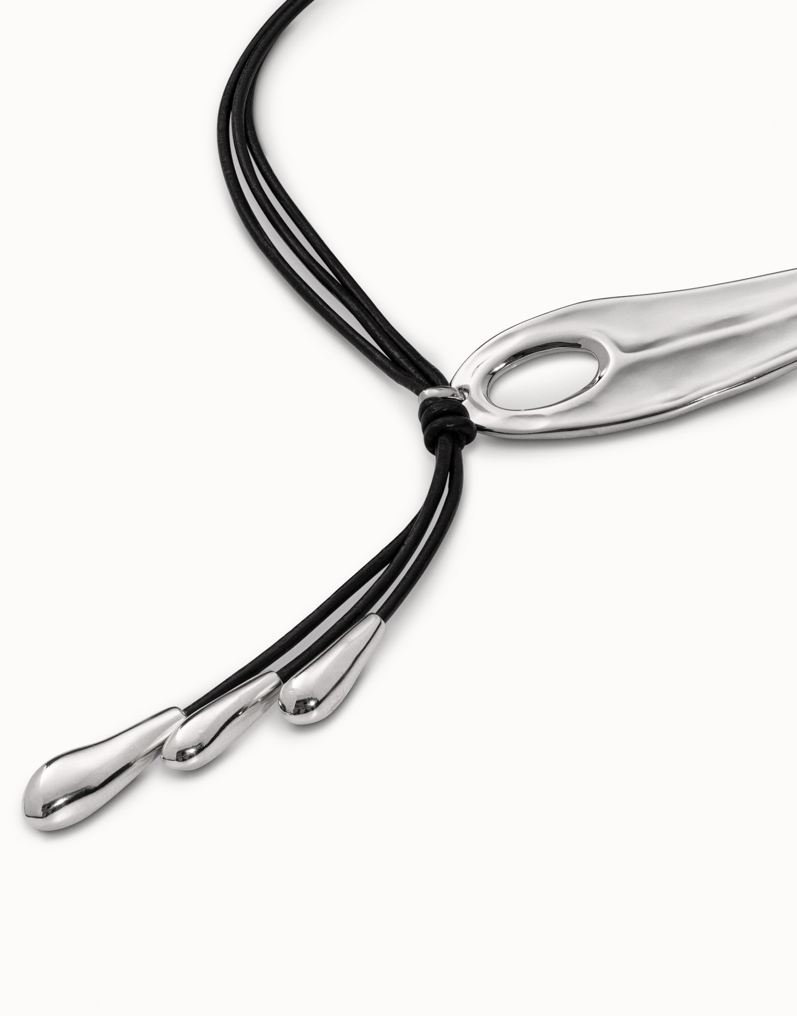 Sterling silver-plated long leather whip necklace with 2 tubules and 4 fringes with drops, Silver, large image number null