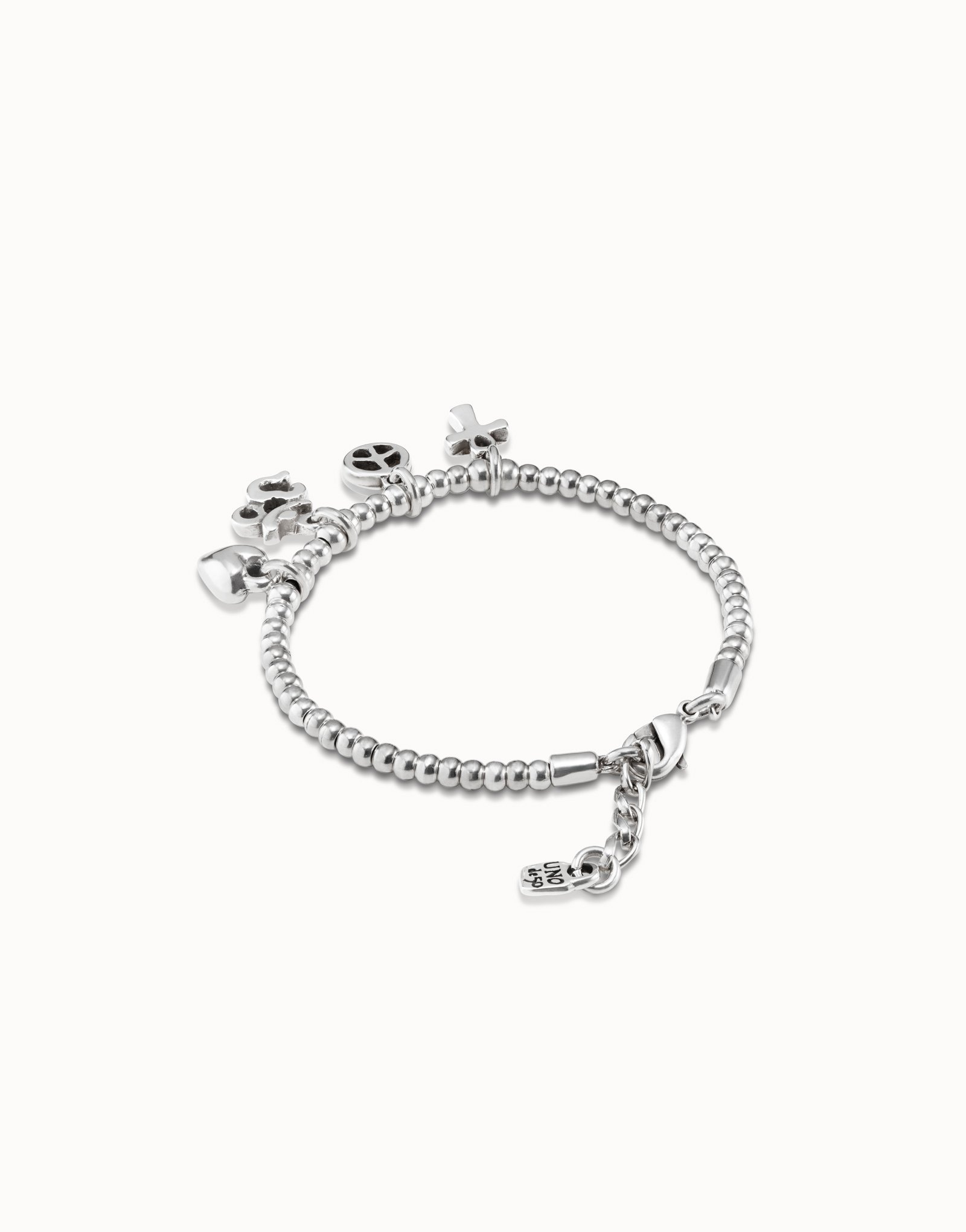 Sterling silver-plated bracelet with bead chain, 4 charms and carabiner clasp, , large image number null