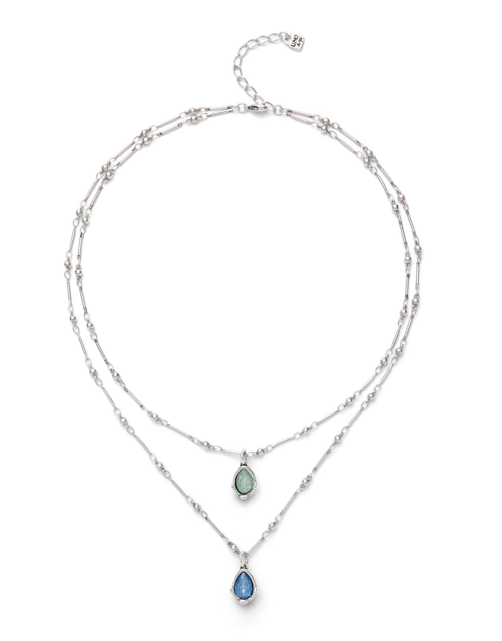 Double necklace with two blue drop-shaped faceted crystals