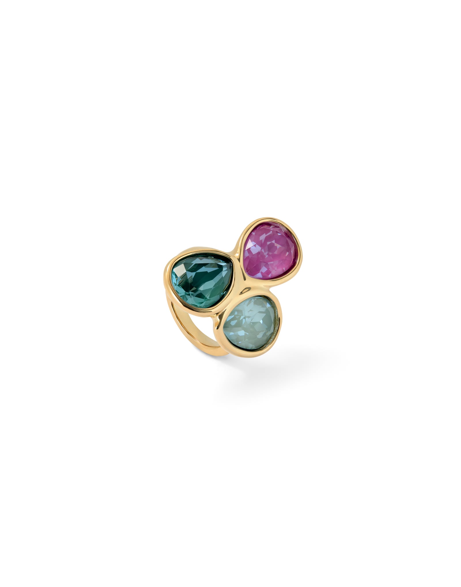 Ring with three multicoloured drop-shaped faceted crystals