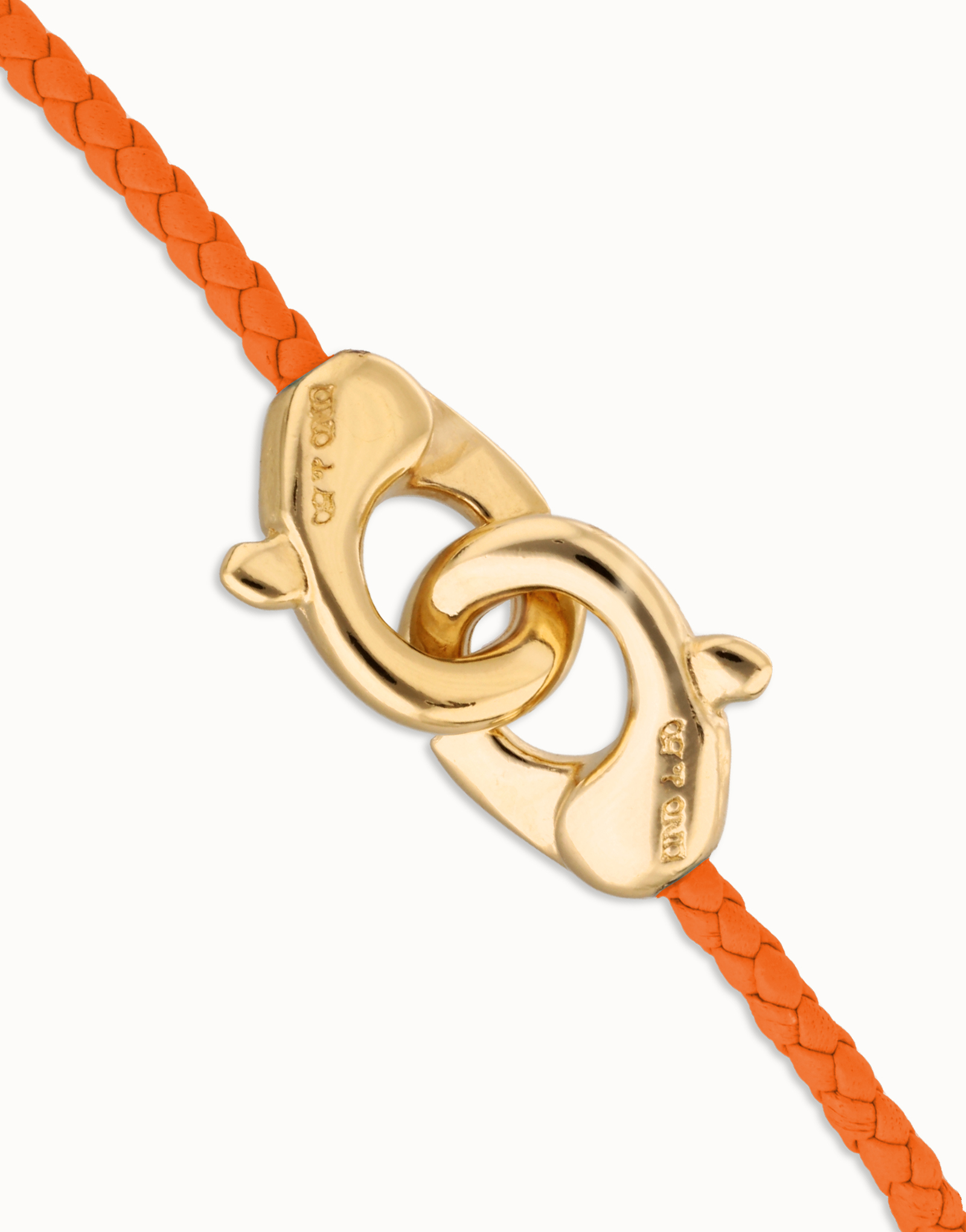 Orange leather bracelet with interlocking carabiner, Golden, large thumbnail