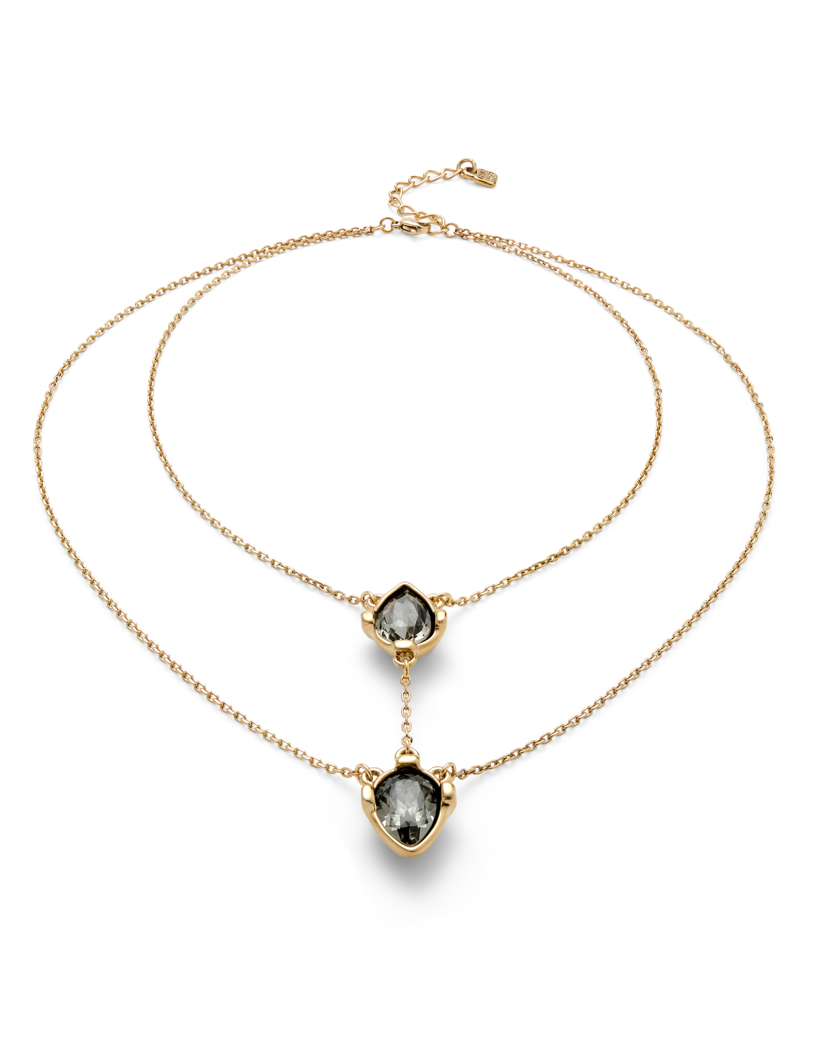 Double necklace with two drop-shaped pendants featuring grey faceted crystals
