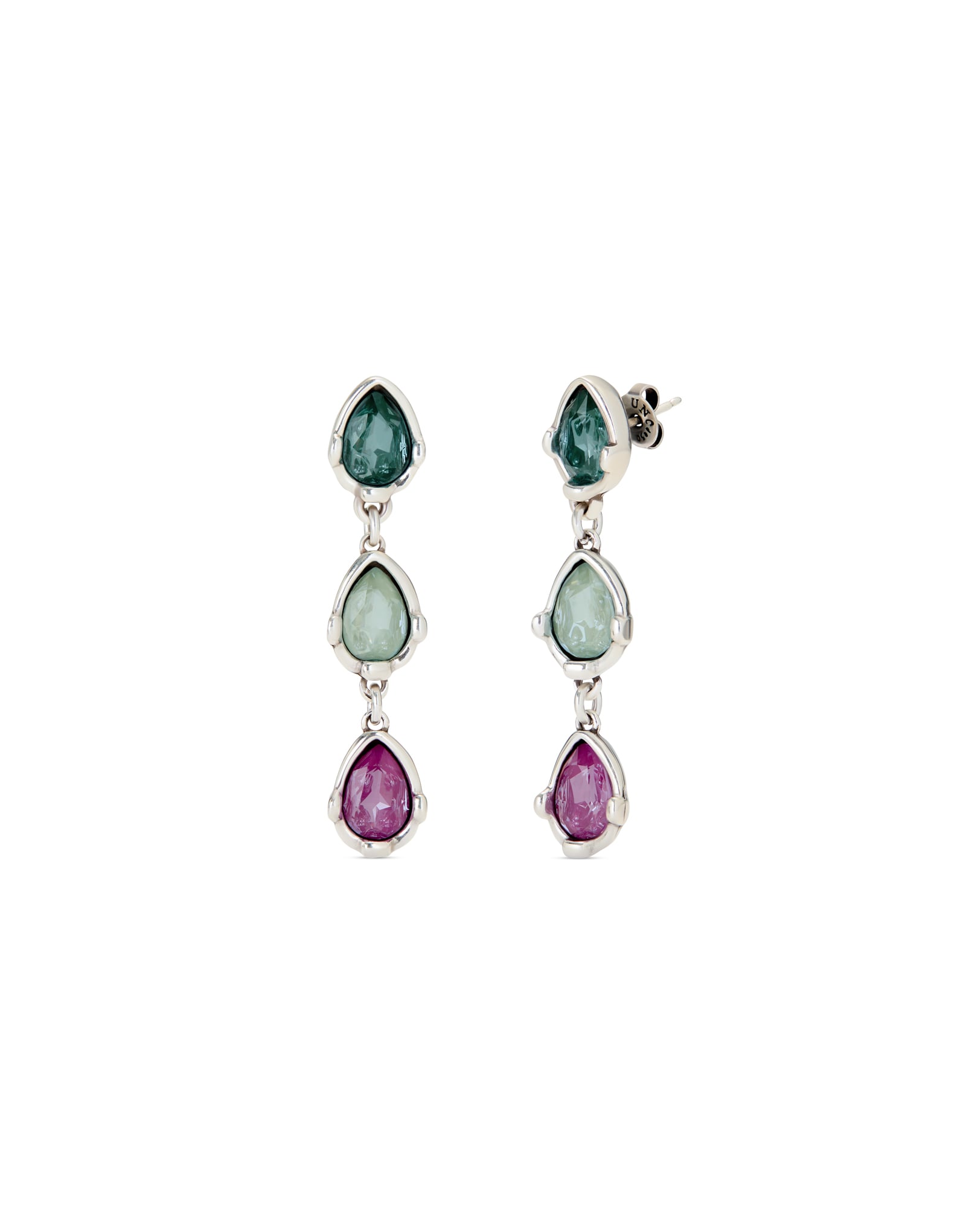 Long earrings with three multicoloured drop-shaped faceted crystals