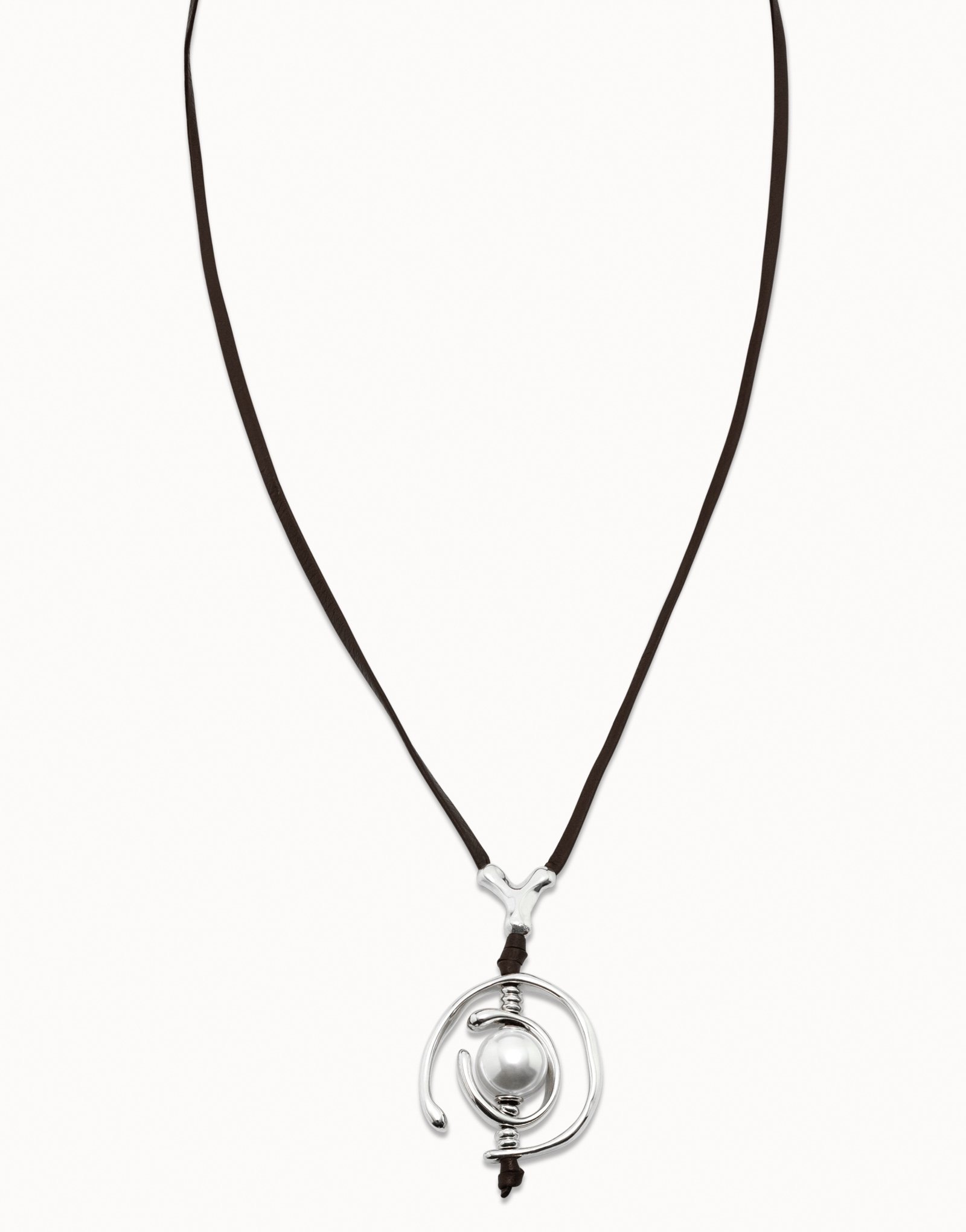 Collana in cuoio placcata argento Sterling con perla, Argent, large image number null