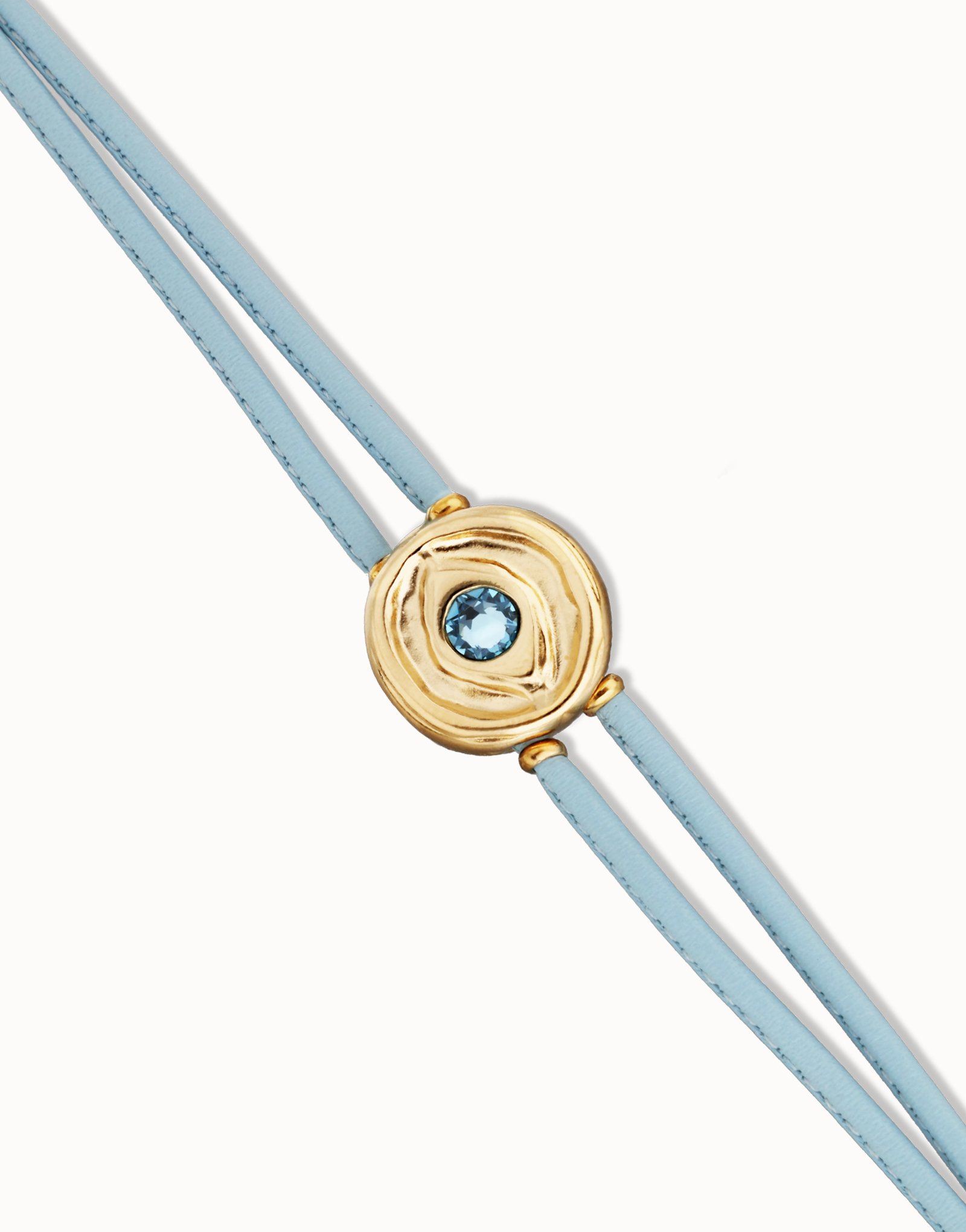 Pulsera doble de cuero celeste con ojo bañado en oro 18k, Dorado, large thumbnail