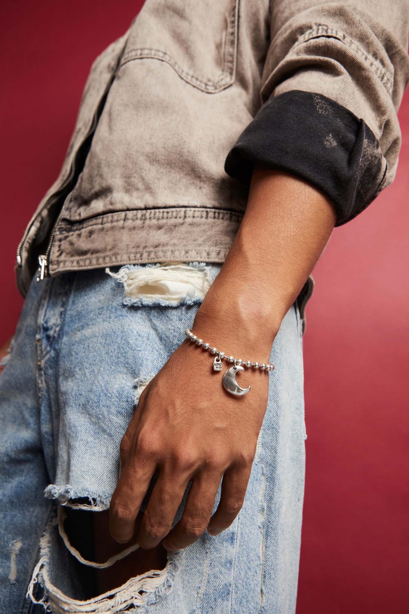 Pulsera de bolas bañada en plata de ley con charm de luna, Argent, large thumbnail
