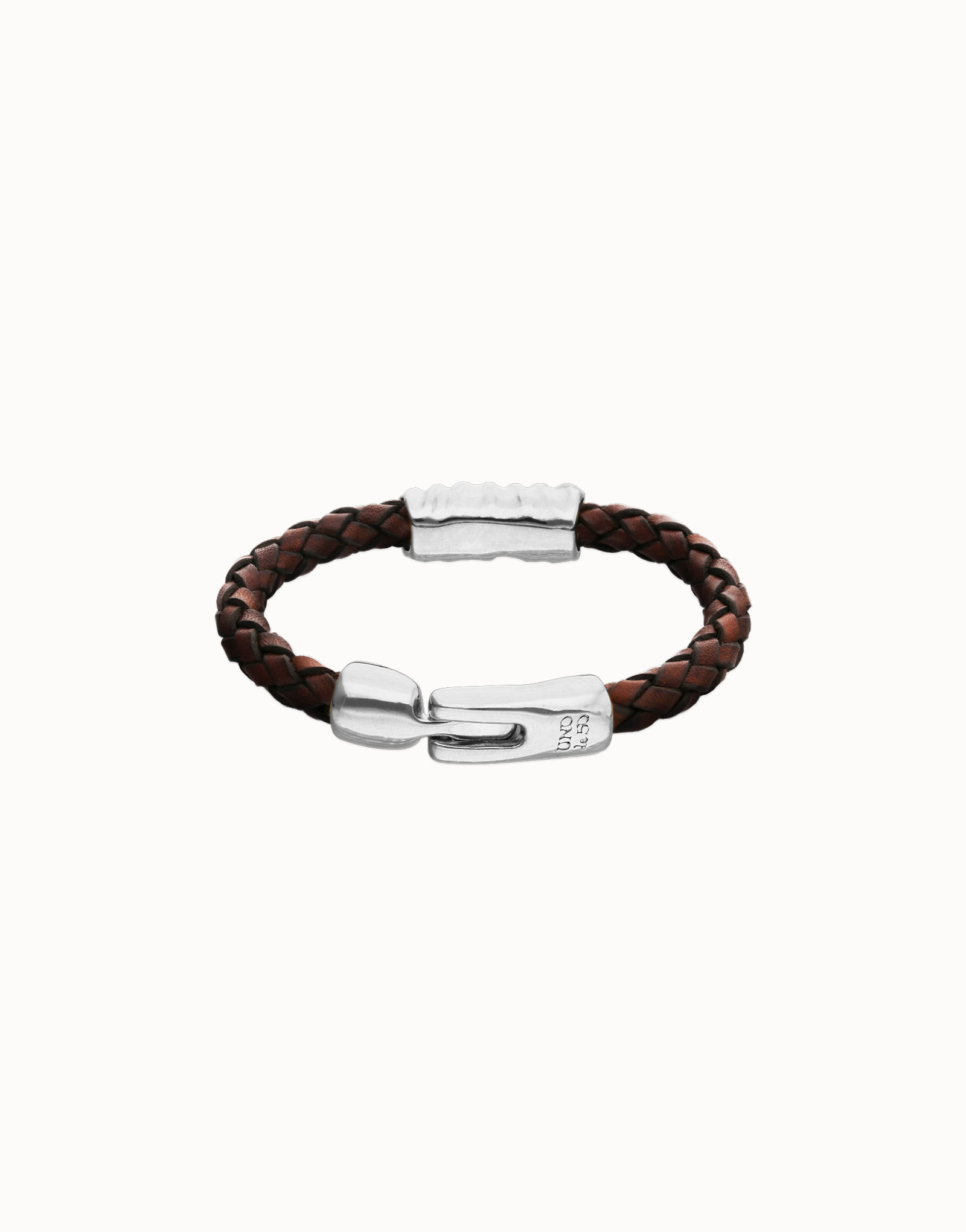 Brown braided leather bracelet with a metal detail, Silver, large thumbnail