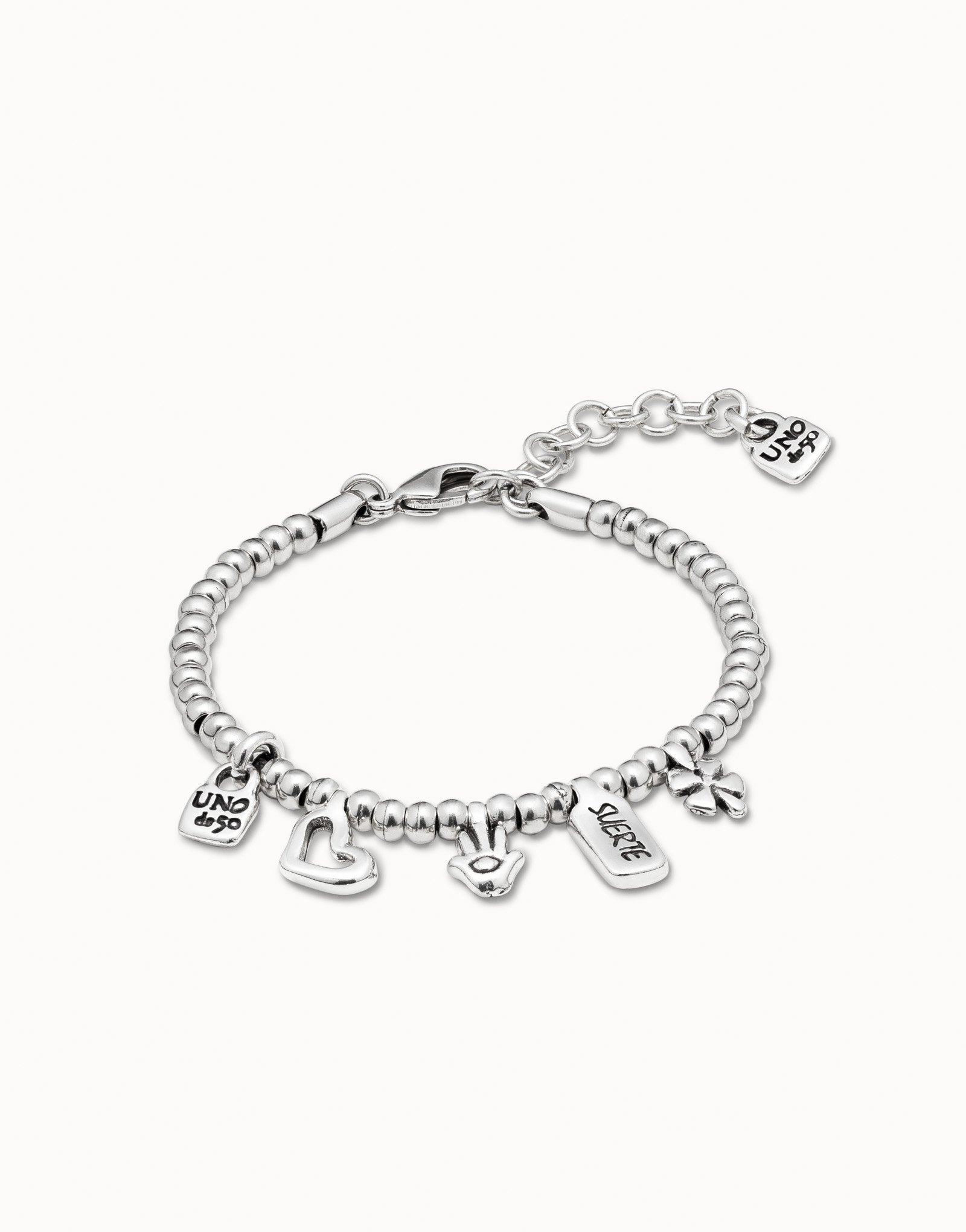 Bracciale placcato argento Sterling con charm cuore, quadrifoglio e mano, , large image number null