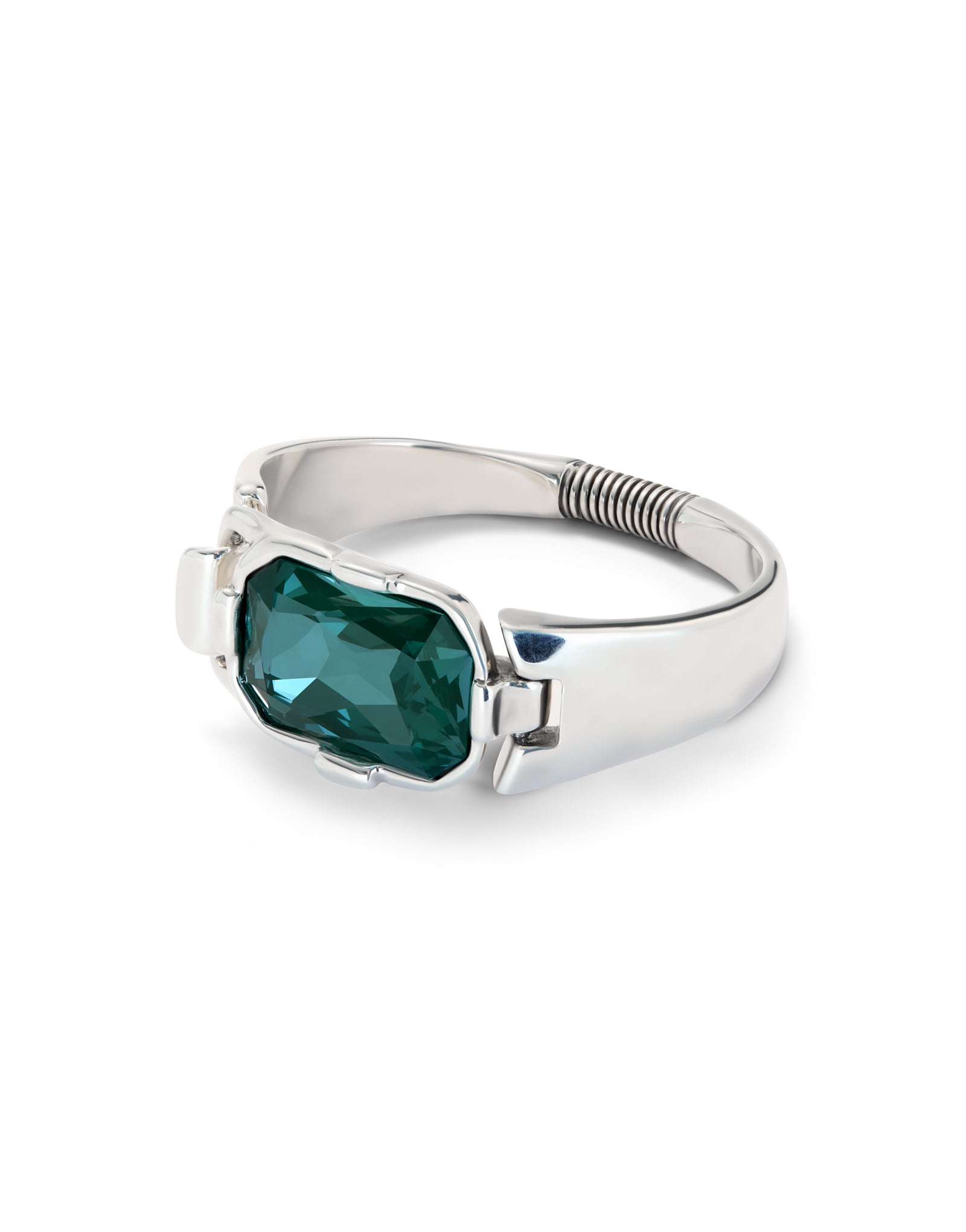 Rigid bracelet with a rectangular green faceted crystal