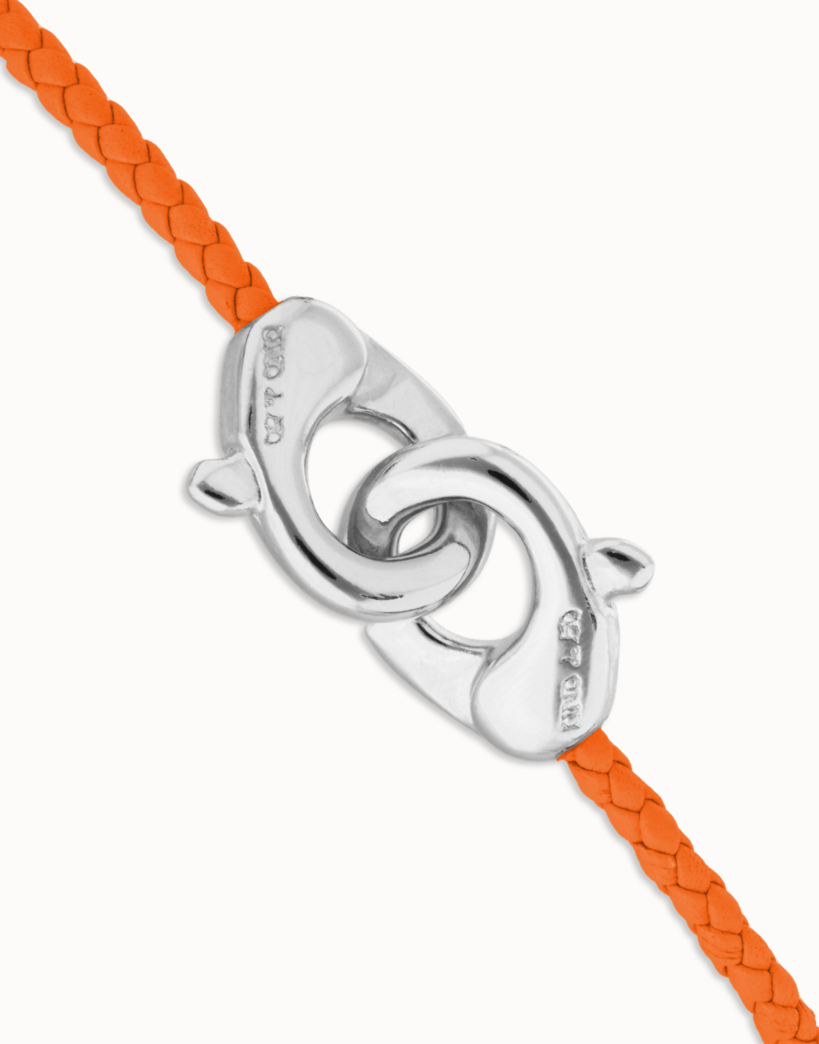 Pulsera de cuero naranja con mosquetón entrelazado en plata, Plateado, large thumbnail