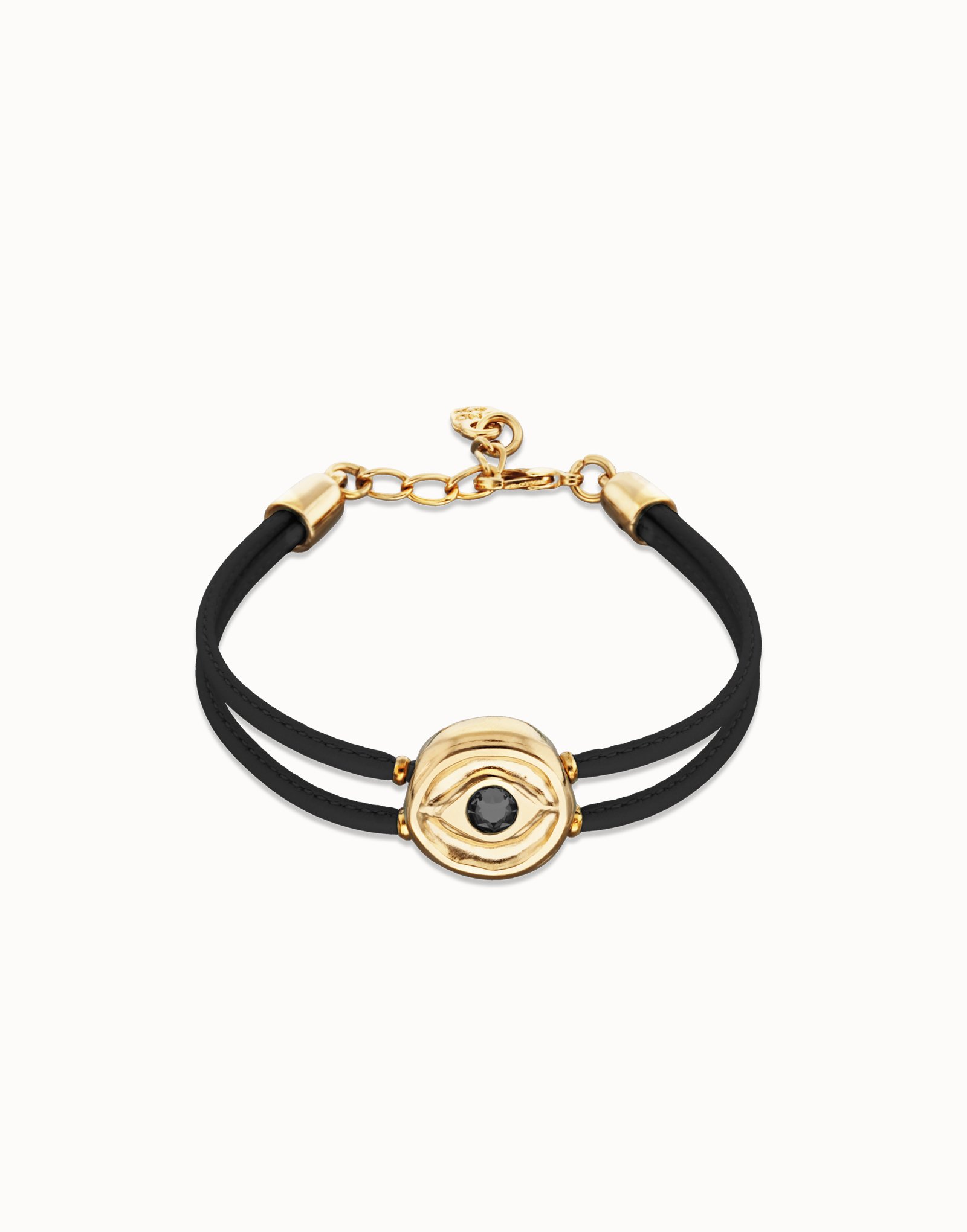 Pulsera doble de cuero negro con ojo bañado en oro 18k, Dorado, large thumbnail