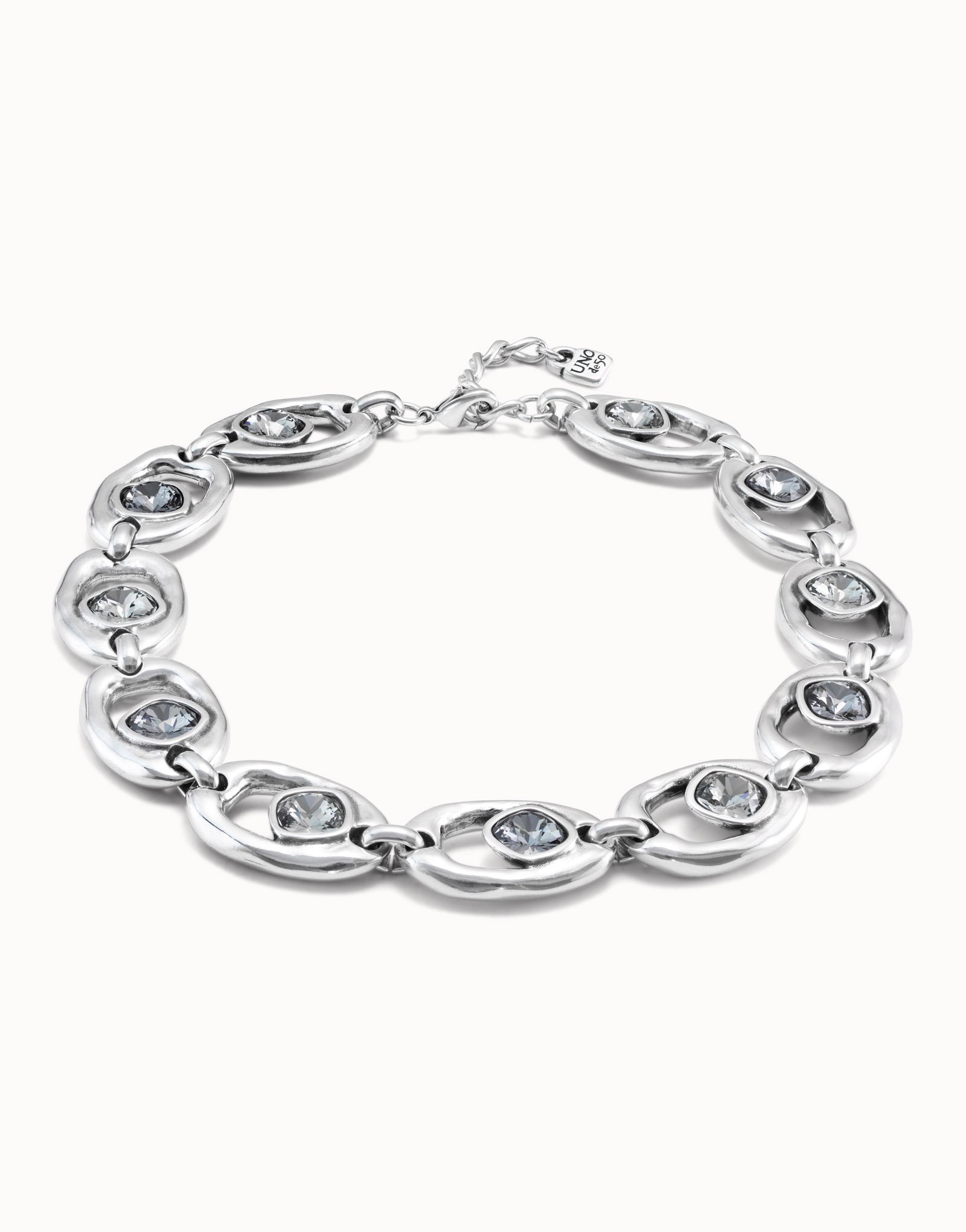 Sterling silver-plated necklace with large oval links with greenish gray and silver crystals, Silver, large image number null