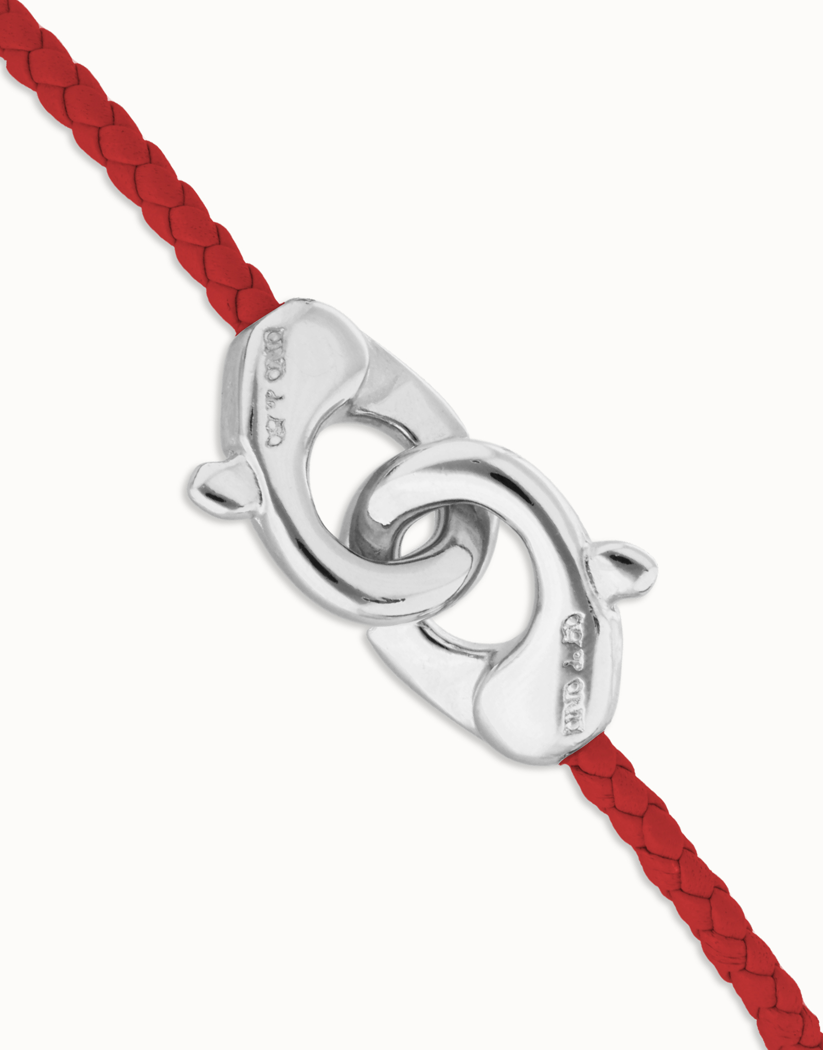 Pulsera de cuero rojo con mosquetón entrelazado en plata, Plateado, large thumbnail