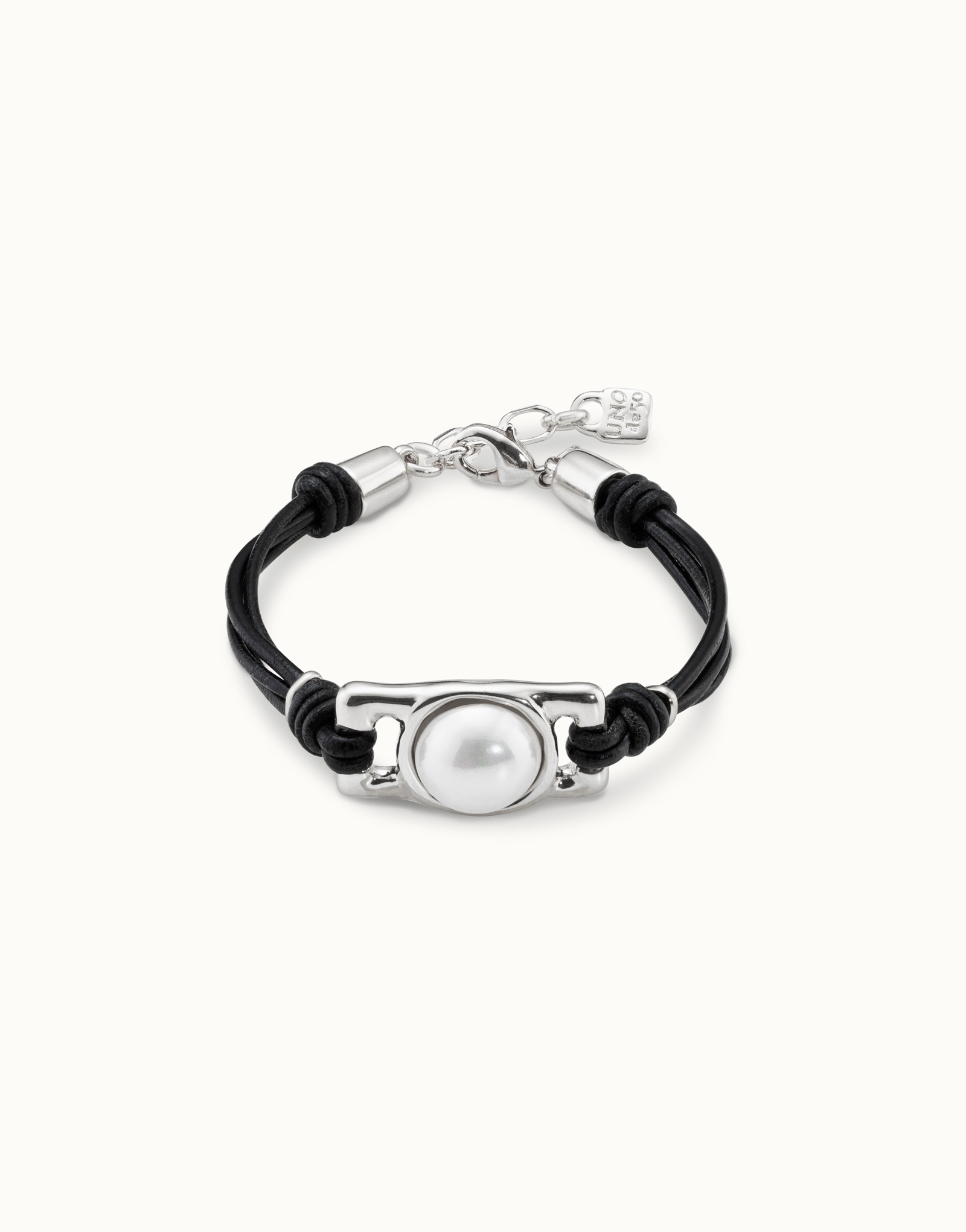 Brown leather sterling silver-plated bracelet with rectangular bead and pearl, Silver, large image number null