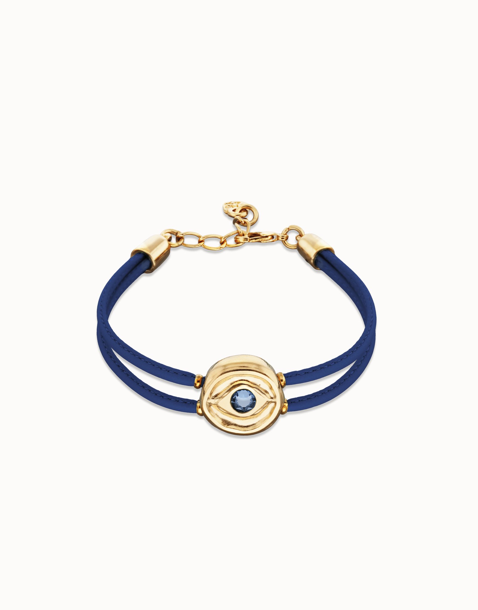 Pulsera doble de cuero azul con ojo bañado en oro 18k, Dorado, large thumbnail